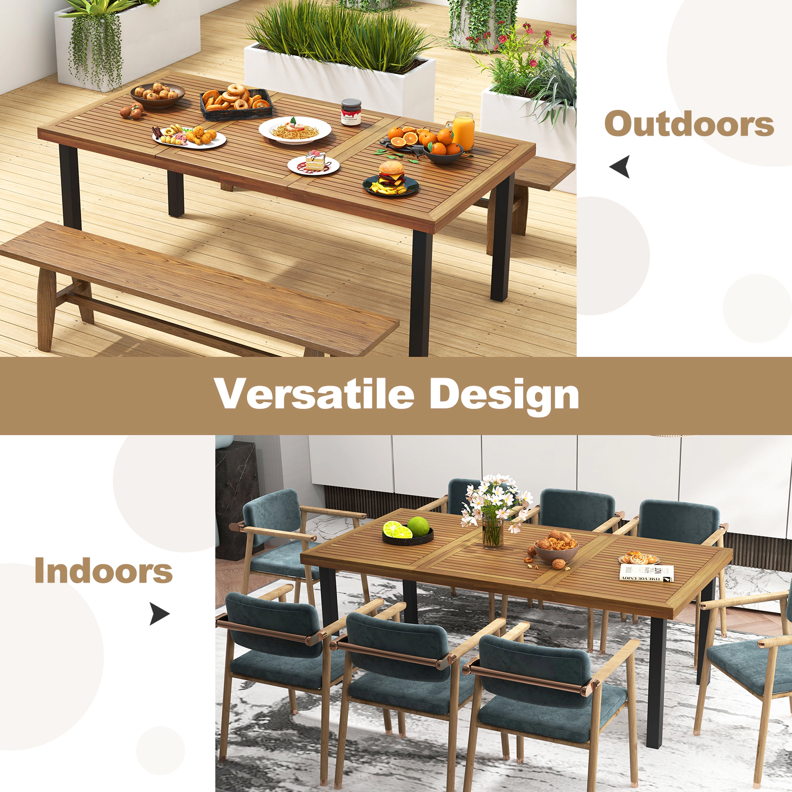 SUGIFT 79-Inch Acacia Wood Outdoor Dining Table for 8 with Umbrella Hole and Leveling Pads