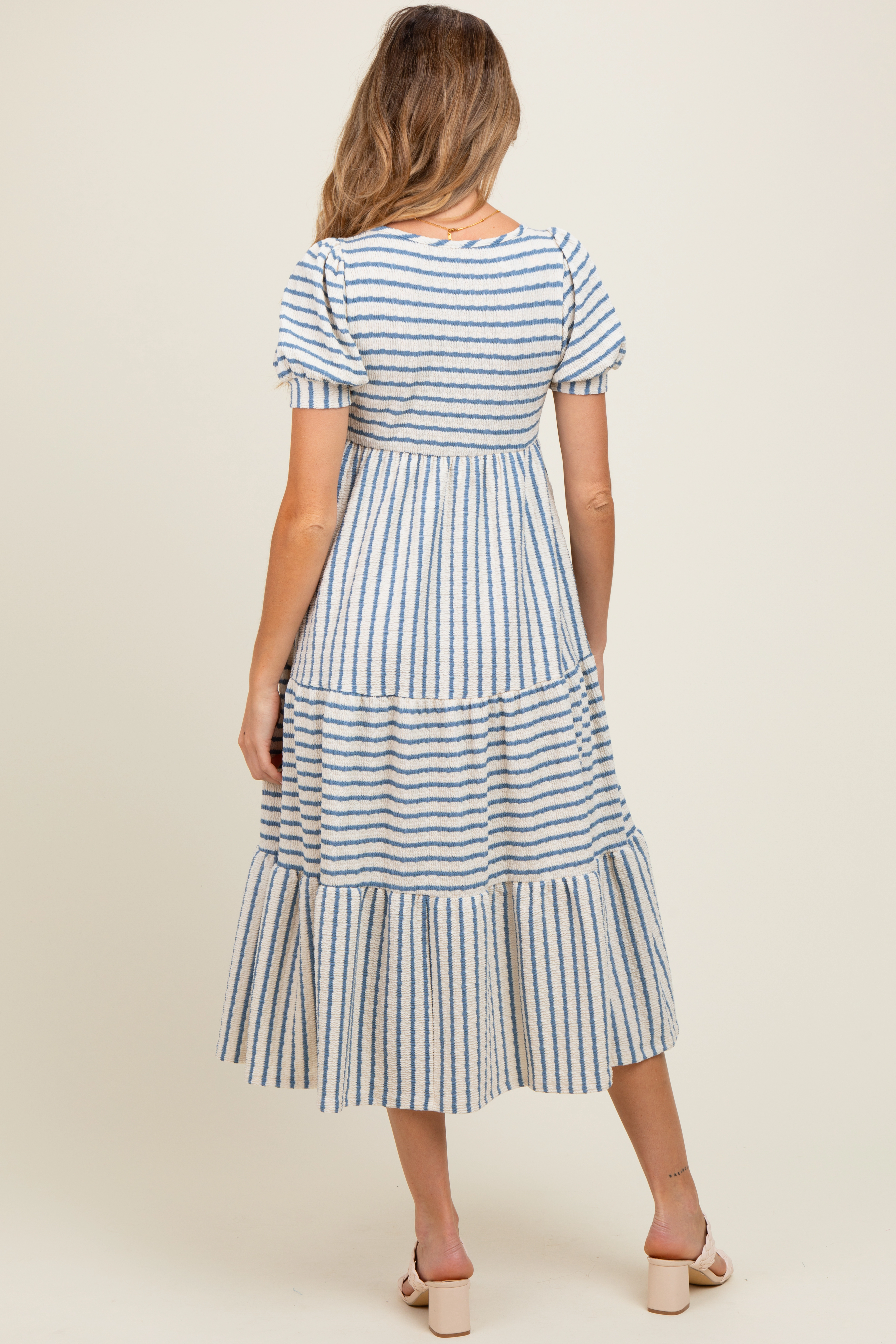 PinkBlush Womens Cream/Camel Striped Short Sleeve Tiered Maternity Maxi Dress