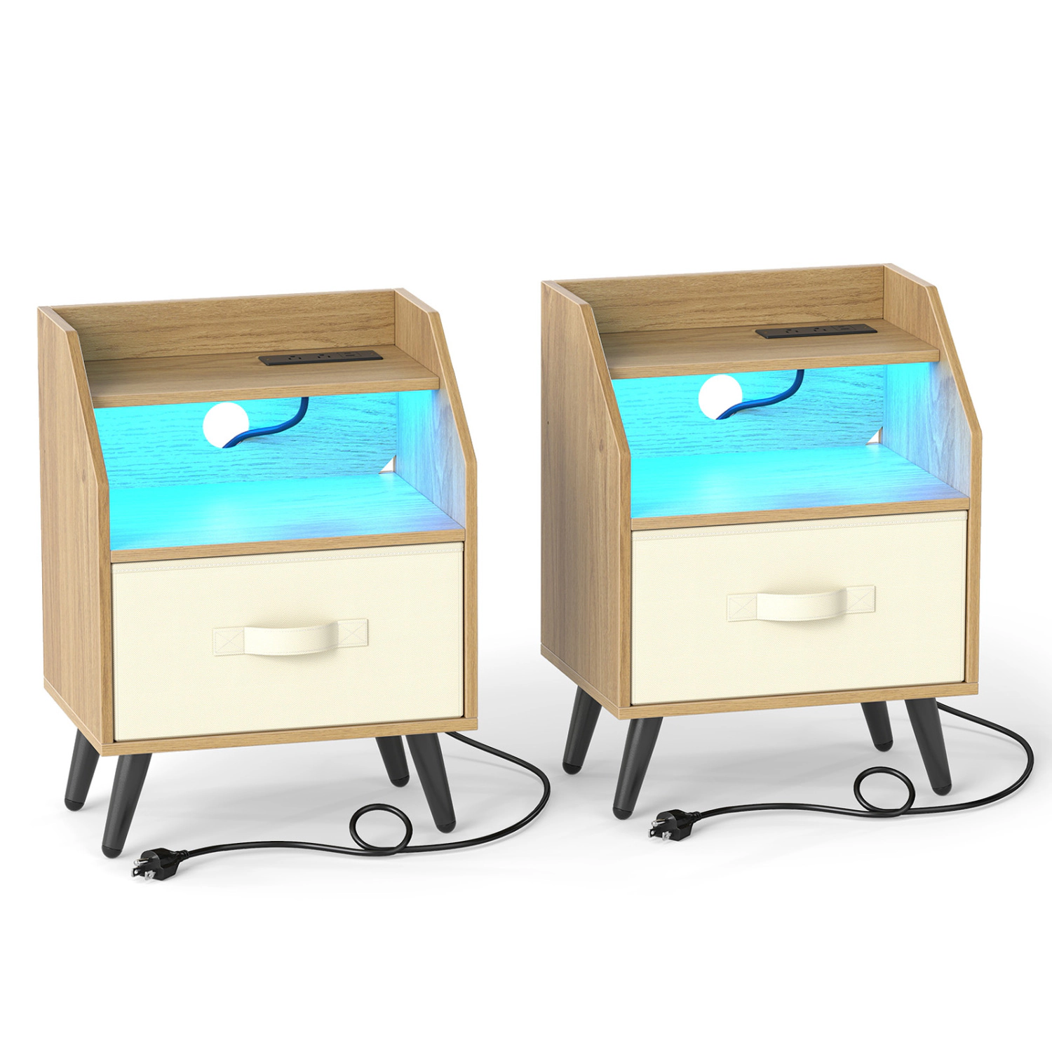 LJG Set of 2 Nightstands with LED Lights and Power Outlets for Living Room
