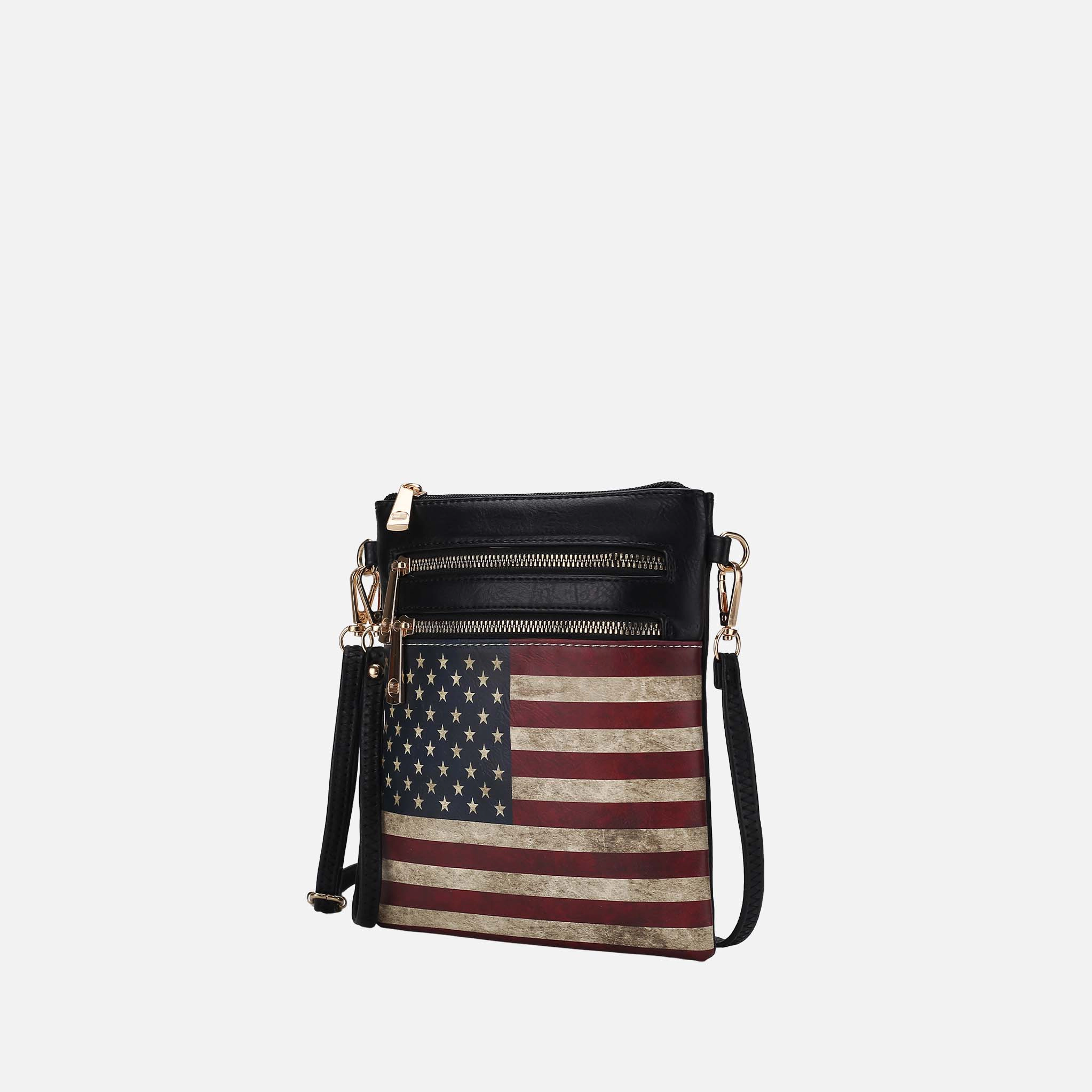 Mia K Collection Genesis Crossbody Bag - Vegan Leather Patriotic Flag Print, Removable Adjustable Strap