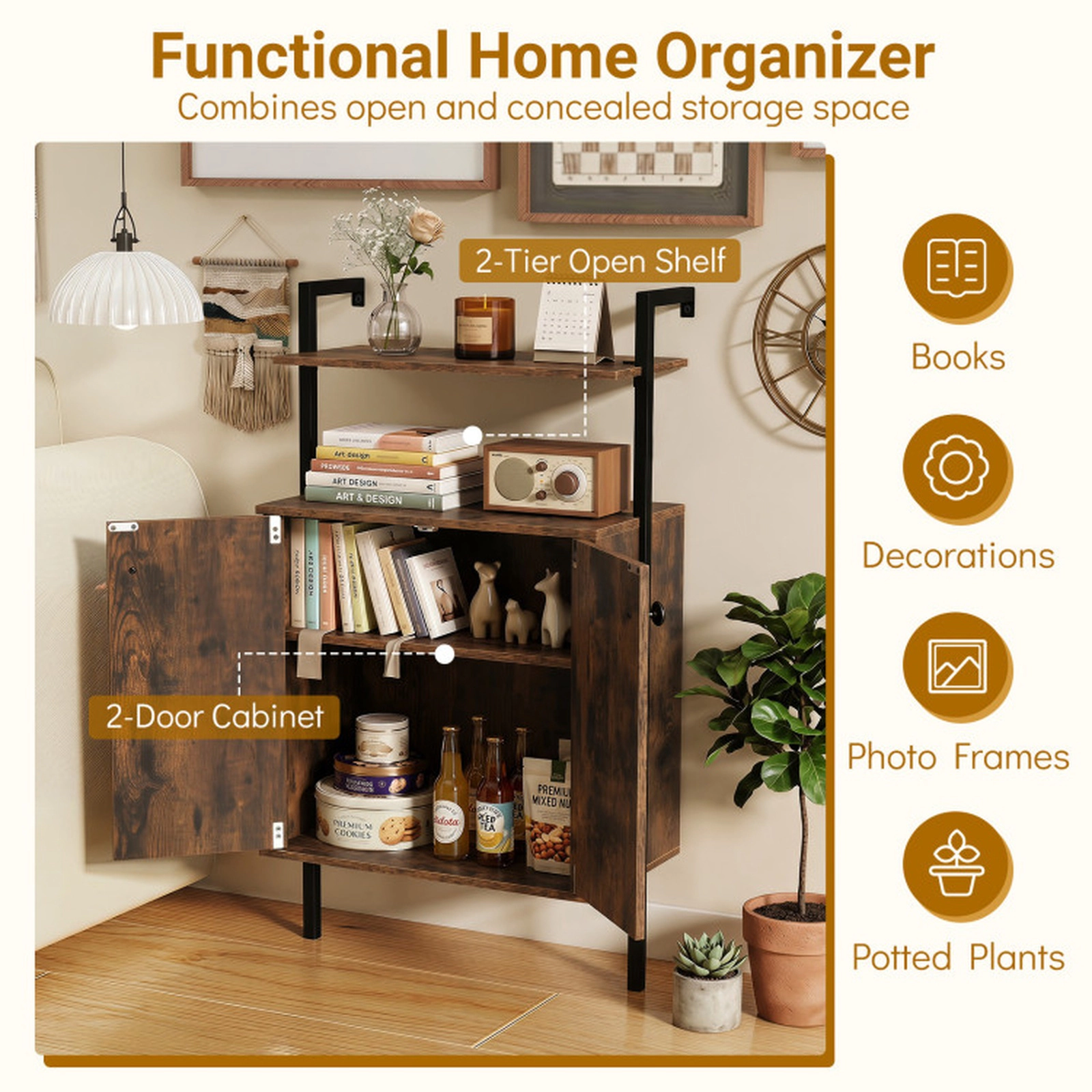 SUGIFT 132-lb Capacity Rustic Brown 2-Door Wall Mount Bookshelf with Storage Cabinet and Open Shelves