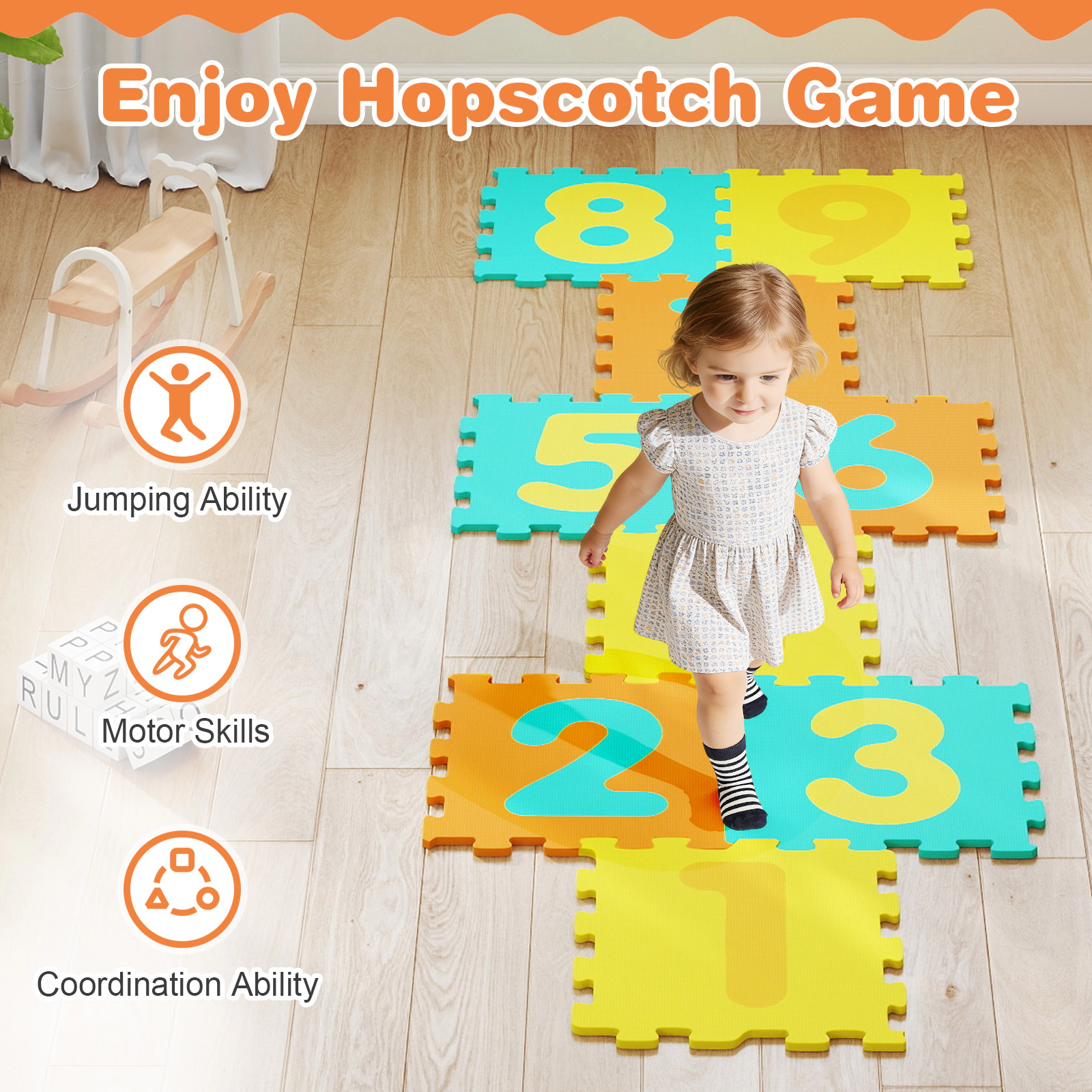 SUGIFT 9-Piece 12.5-in Interlocking EVA Foam Puzzle Play Mat with Removable Numbers and 3 Marker Discs