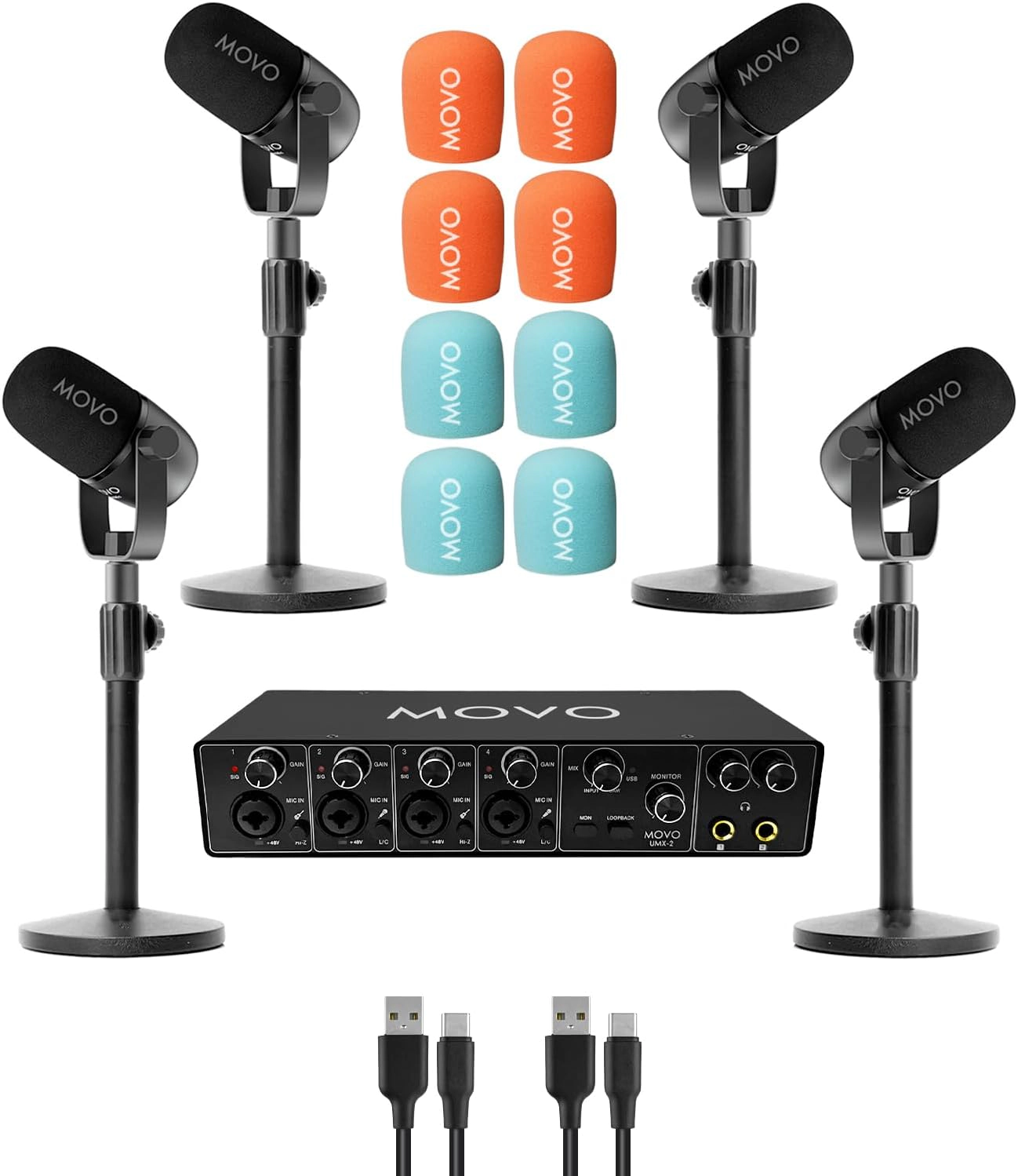 Movo Four Person Podcast Bundle with 4 Channel USB Audio Interface 4 CastMic Microphones and 4 Tabletop Stands