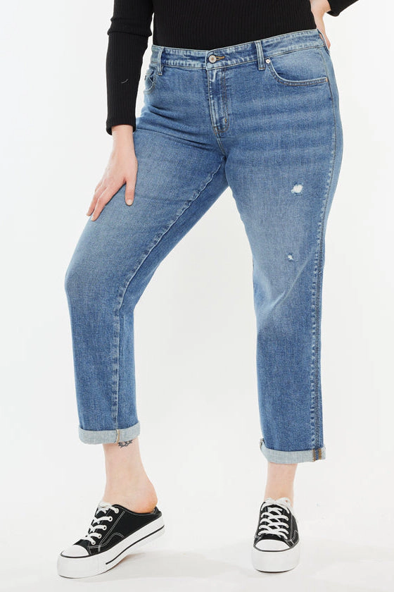Kancan Women's Plus Mid Rise Slim Boyfriend Jeans Yvonne