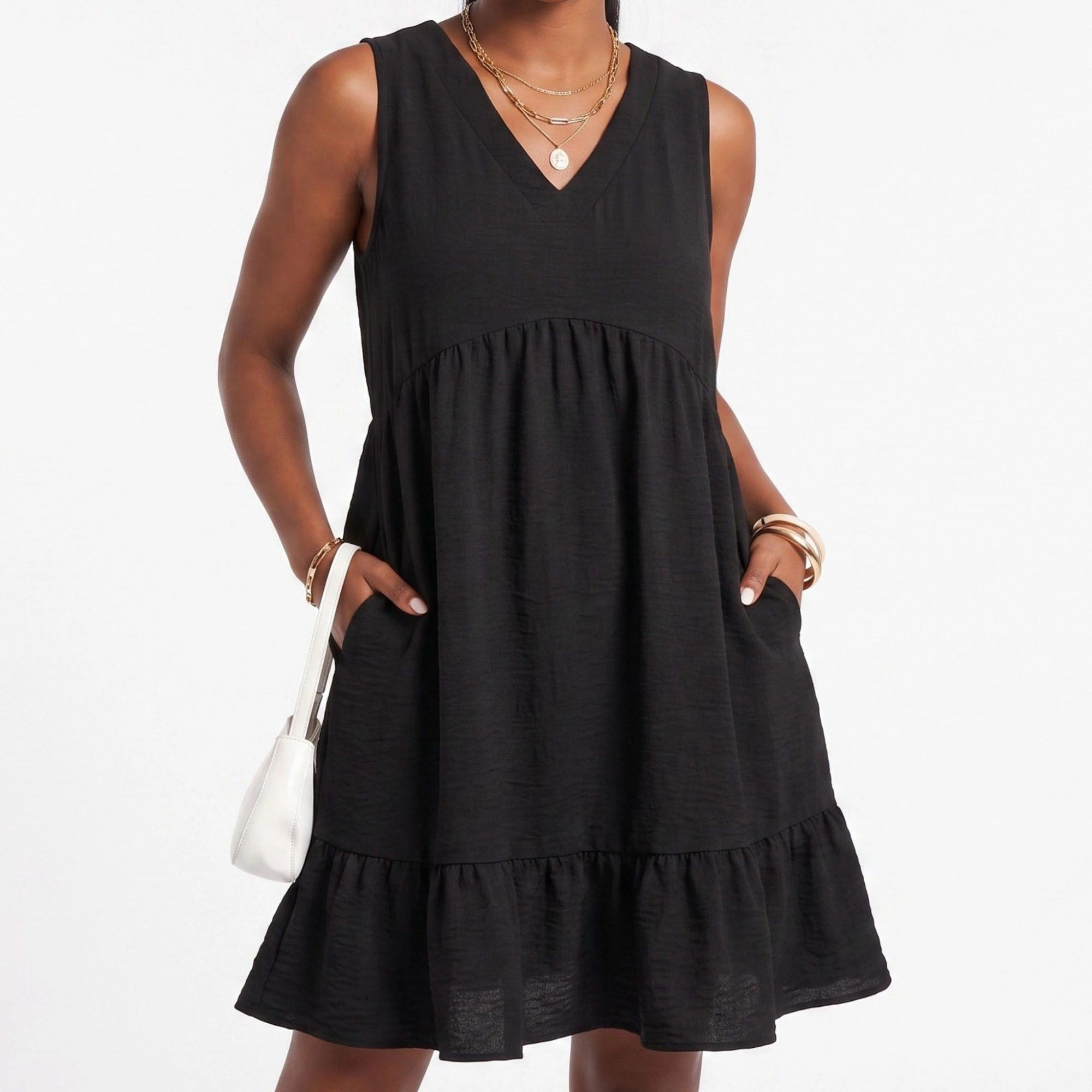 Anna-Kaci Women's Sleeveless V-Neck Babydoll Ruffle Hem Pockets Dress
