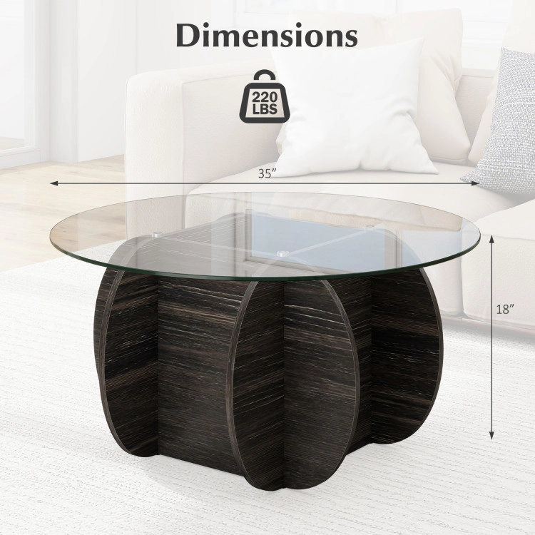 Hivvago 35" Wooden Round Coffee Table with Transparent Glass Top