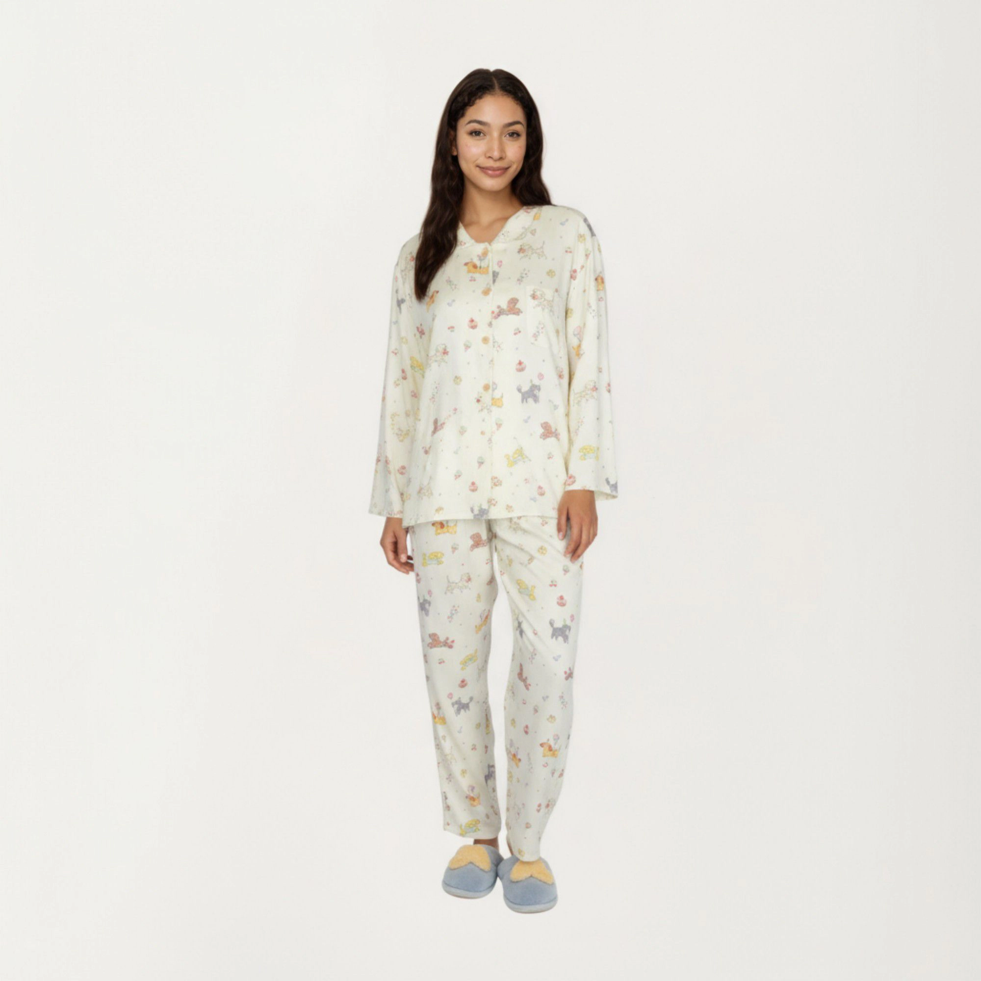 Anna-Kaci Women's 2-Piece Dog Print Button Up Long Sleeve Pajama Top and Matching Pants