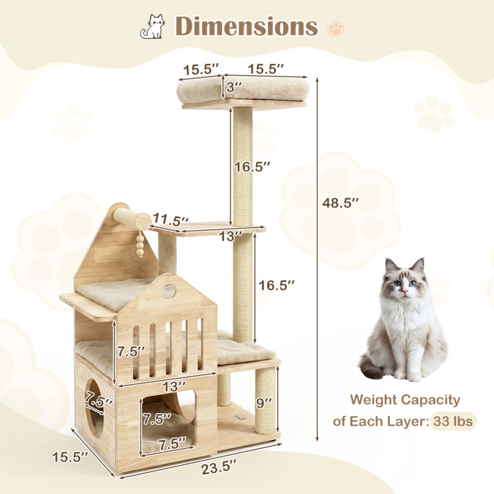 SUGIFT Beige Solid Wood Cat Tree with Padded Top Perch and Condo 23.5-in W 15.5-in D 48.5-in H 33-lb Per Layer