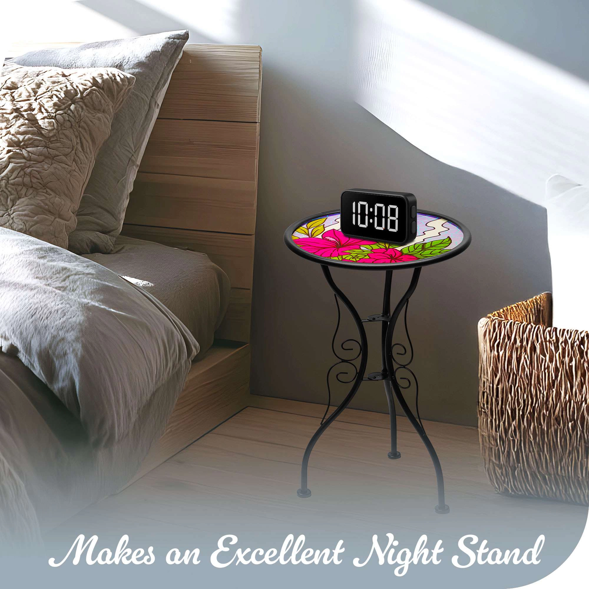 G128 14 in Round Glass Outdoor Side Table Butterfly Floral Pattern, Foldable Metal Patio End Table