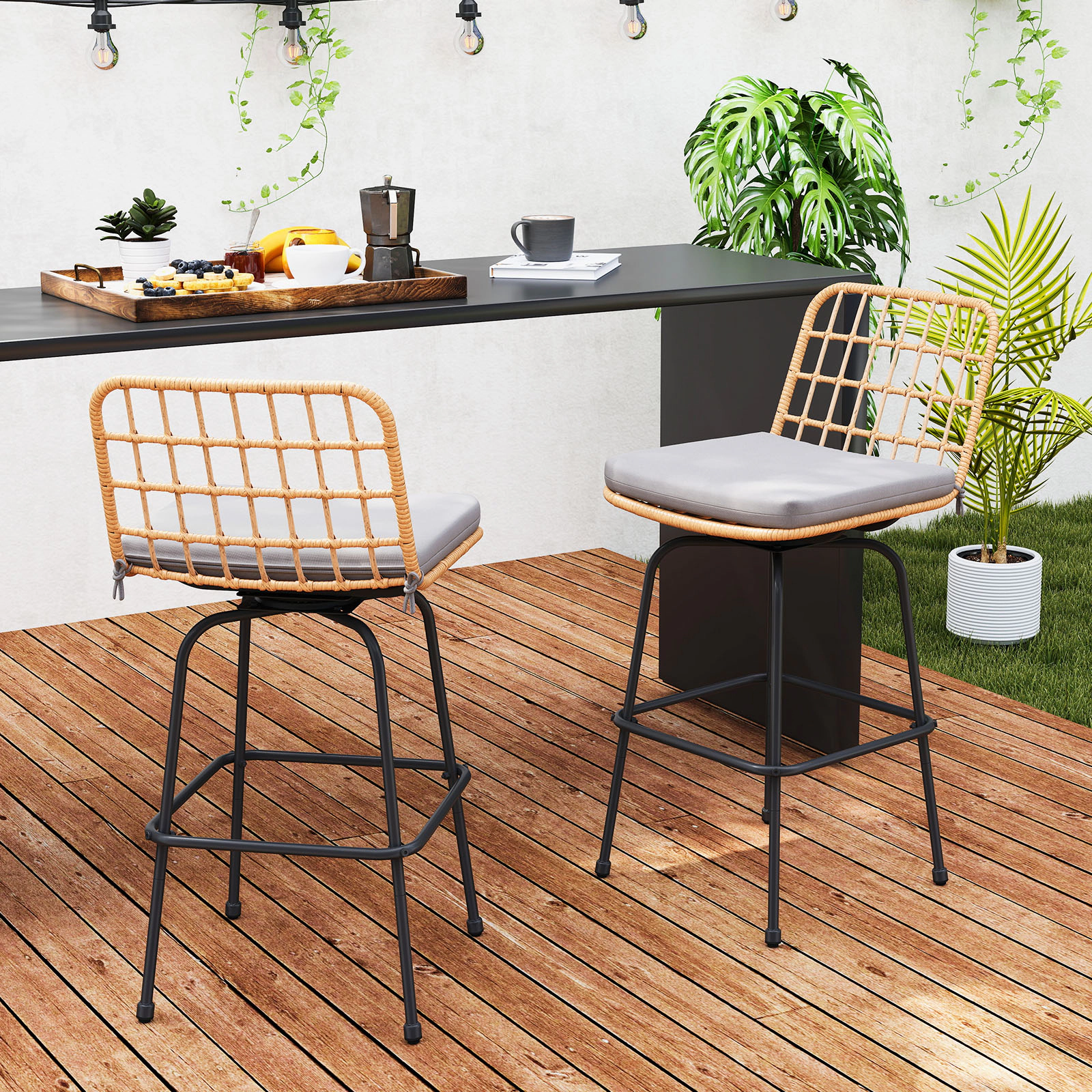 SUGIFT Gray Rattan Back and Soft Seat Cushions Set of 2 Patio Swivel Bar Stool