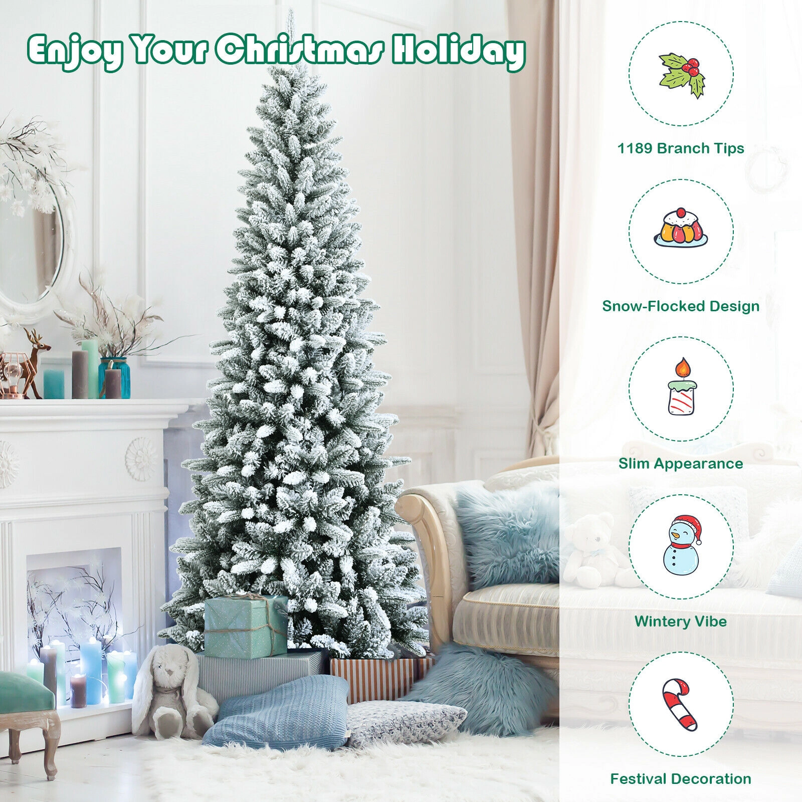SUGIFT Snow-Flocked Hinged Artificial Christmas Pencil Tree 7.5-ft Tall White