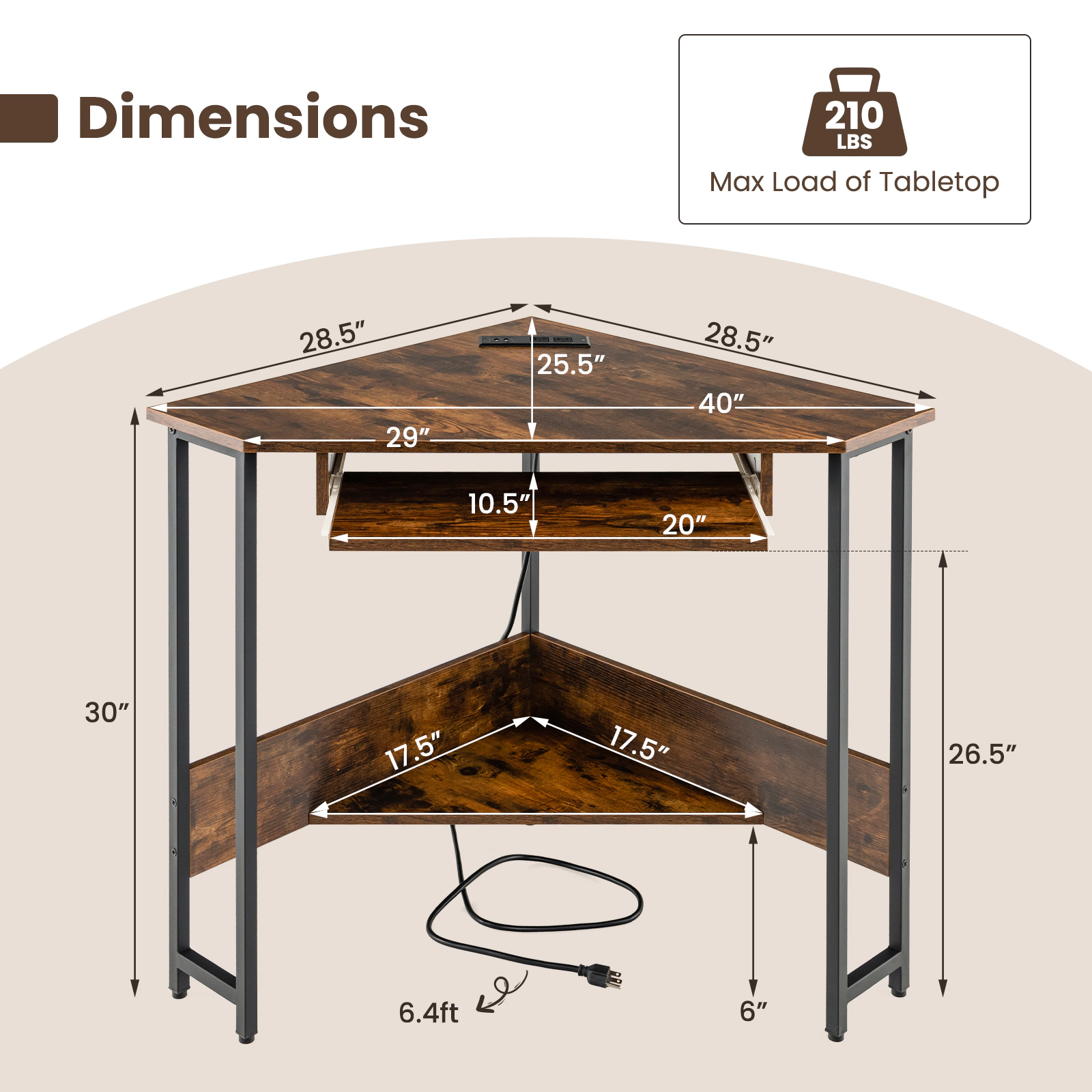 SUGIFT Rustic Brown Charging Station Keyboard Tray and Storage Shelf Triangle Corner Desk