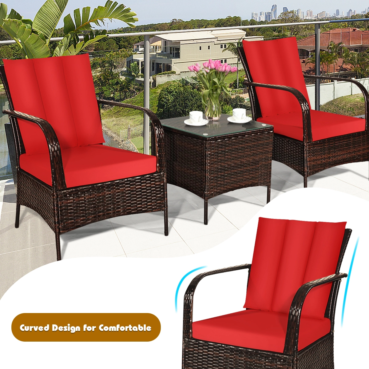 SUGIFT 3-Piece PE Rattan Patio Conversation Furniture Set Tempered Glass Coffee Table 360-lb Chair Capacity Red Cushions