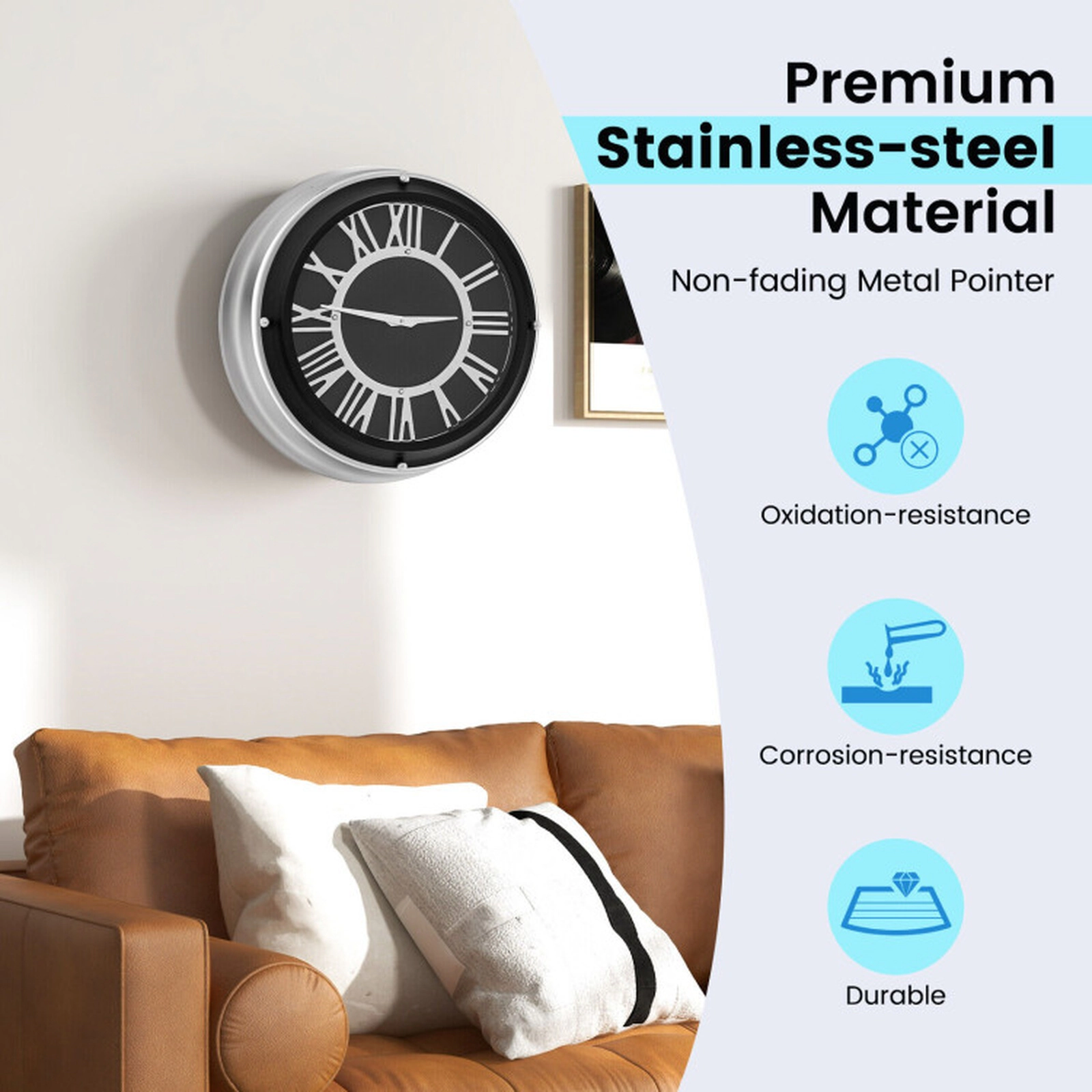 SUGIFT 17.5-in Non-Ticking Quartz Stainless Steel Frame Silent Wall Clock 5.5-in Deep 6.5-lb 1 AA Battery Silver