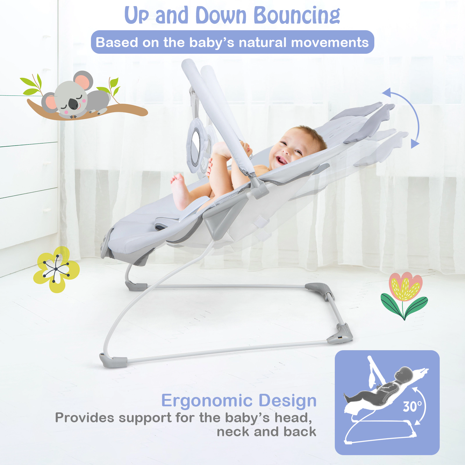 SUGIFT Baby Portable Bouncer Infant Rocker Seat Music Box Toy Bar 20-lb Capacity Ages 0-6 Months 25 x 20 x 23-in Gray