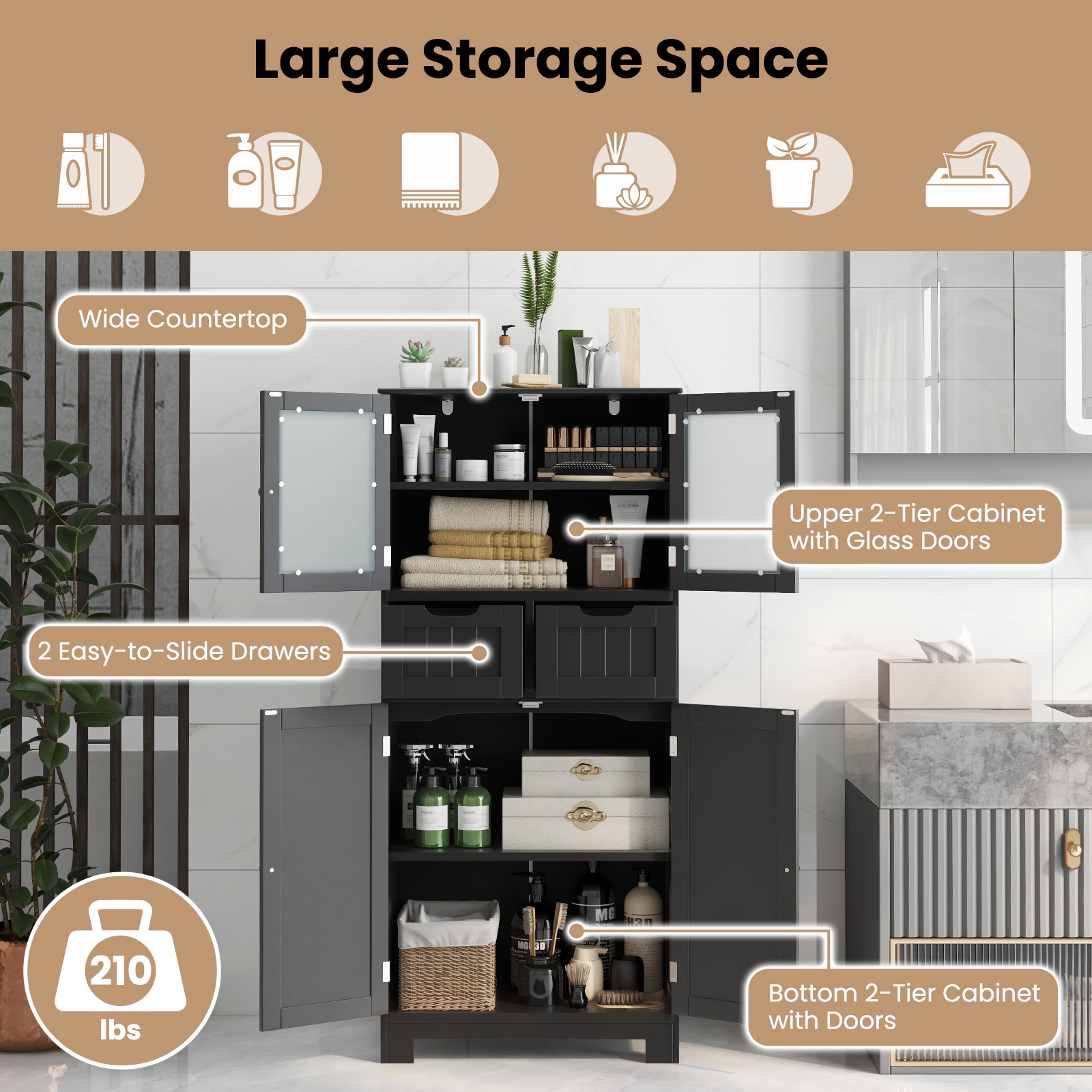 SlickBlue 4-Door Bathroom Storage Cabinet with Drawers & Glass Doors