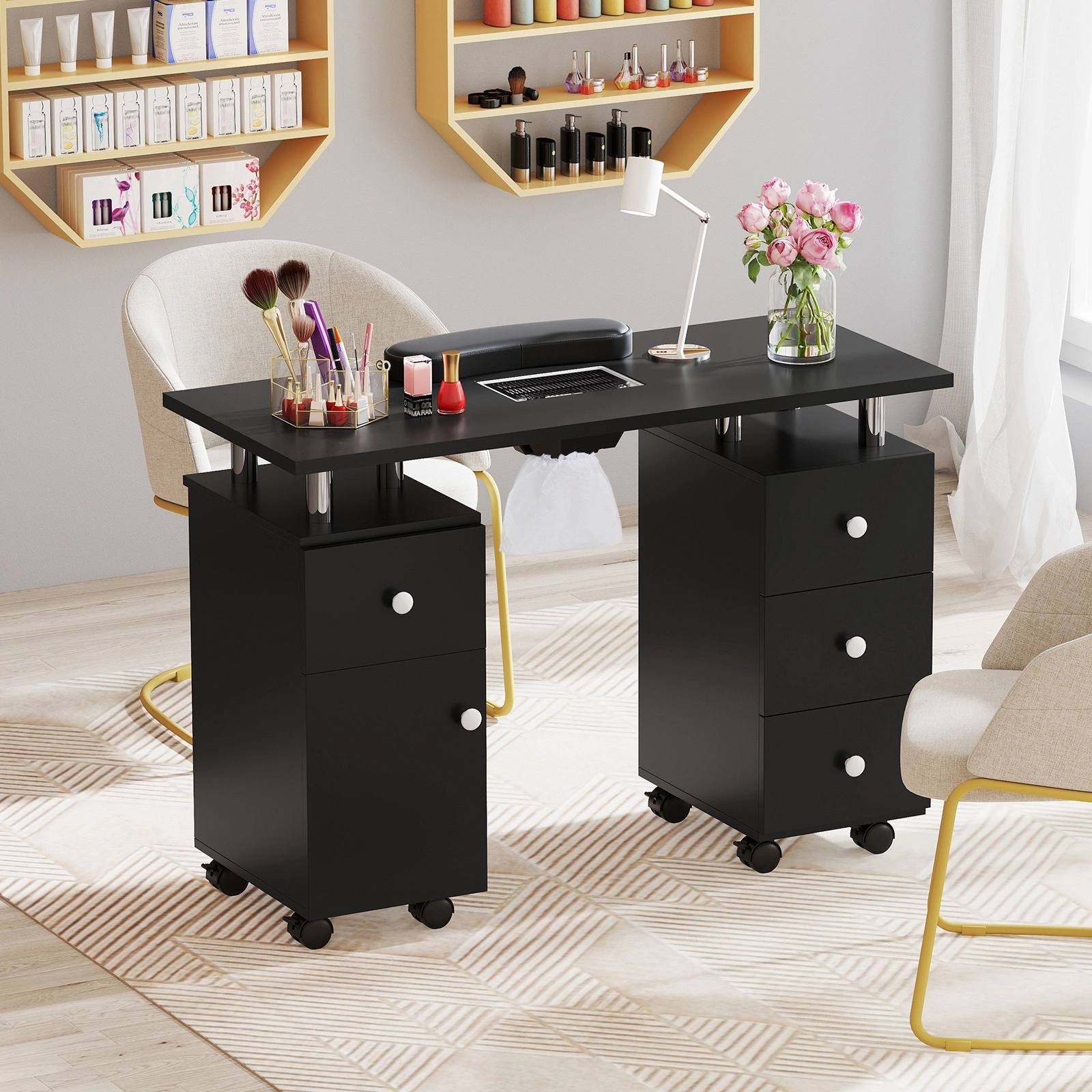 SUGIFT Manicure Table Nail Desk with Electric Dust Collector 88-lb Tabletop Capacity with Cabinet and 4 Drawers Black