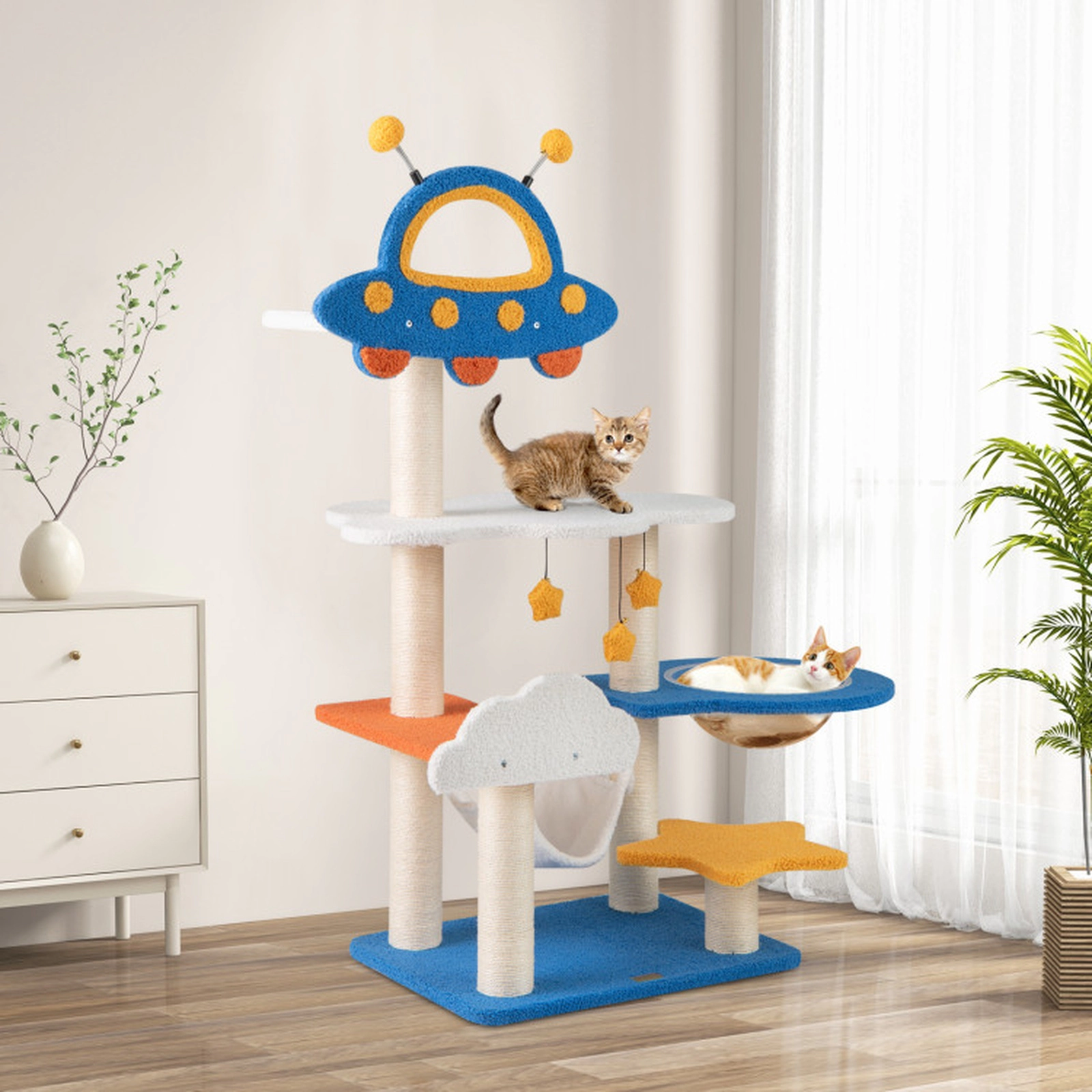 SUGIFT 49-in Tall Cat Tree with UFO Top Perch Space Capsule Hammock and Sisal Scratching Posts Blue
