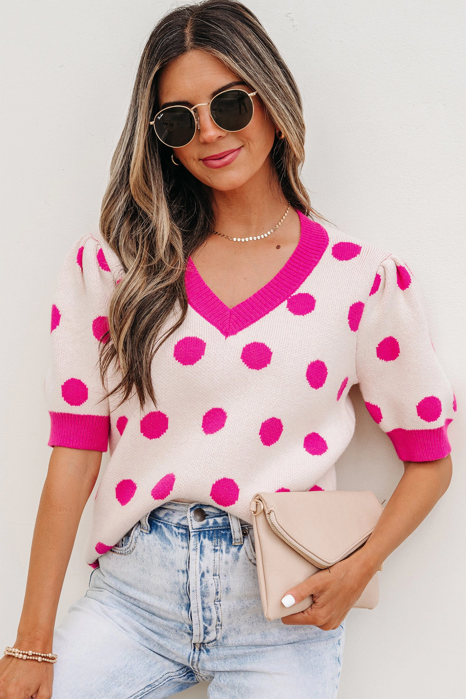 19092 Alexia Puff Short Sleeve Sweater - Pink Floral Knit