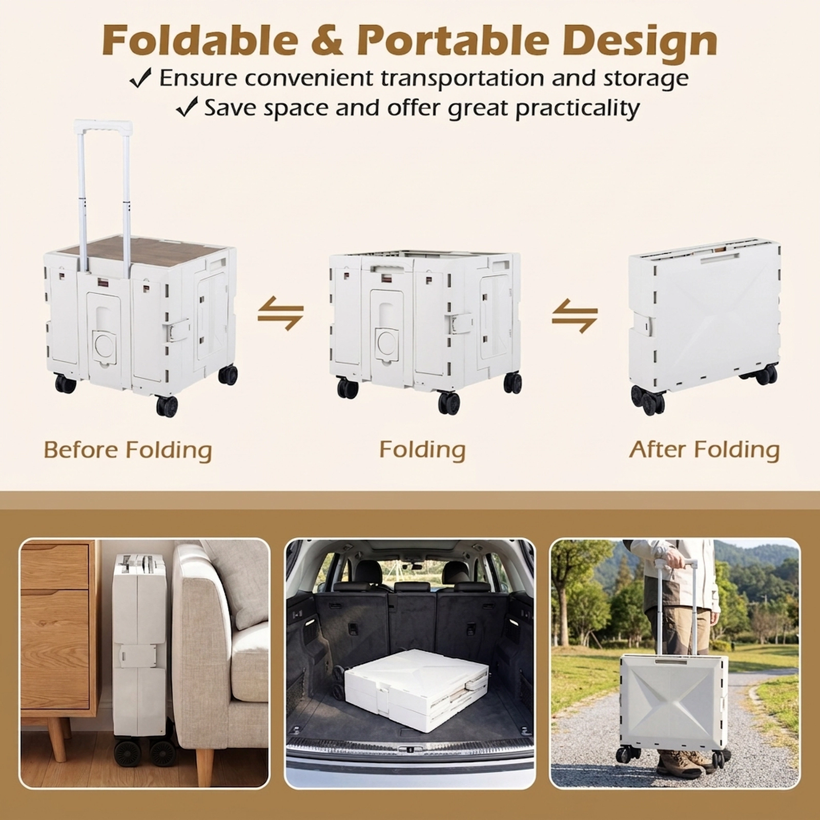 SUGIFT Foldable Utility Cart 4 Wheels Telescoping Handle 66-lb Lid Capacity 20-37-in Handle 20 x 17 x 20-in White