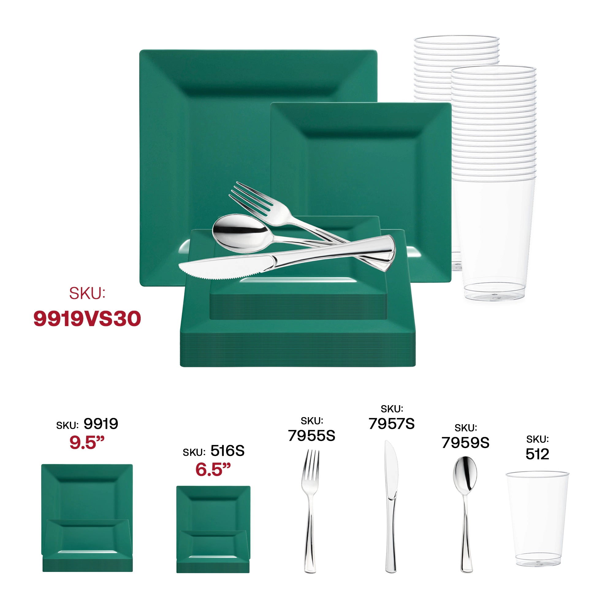 Smarty Had A Party Hunter Green Square Plastic Plates Wedding Value Set