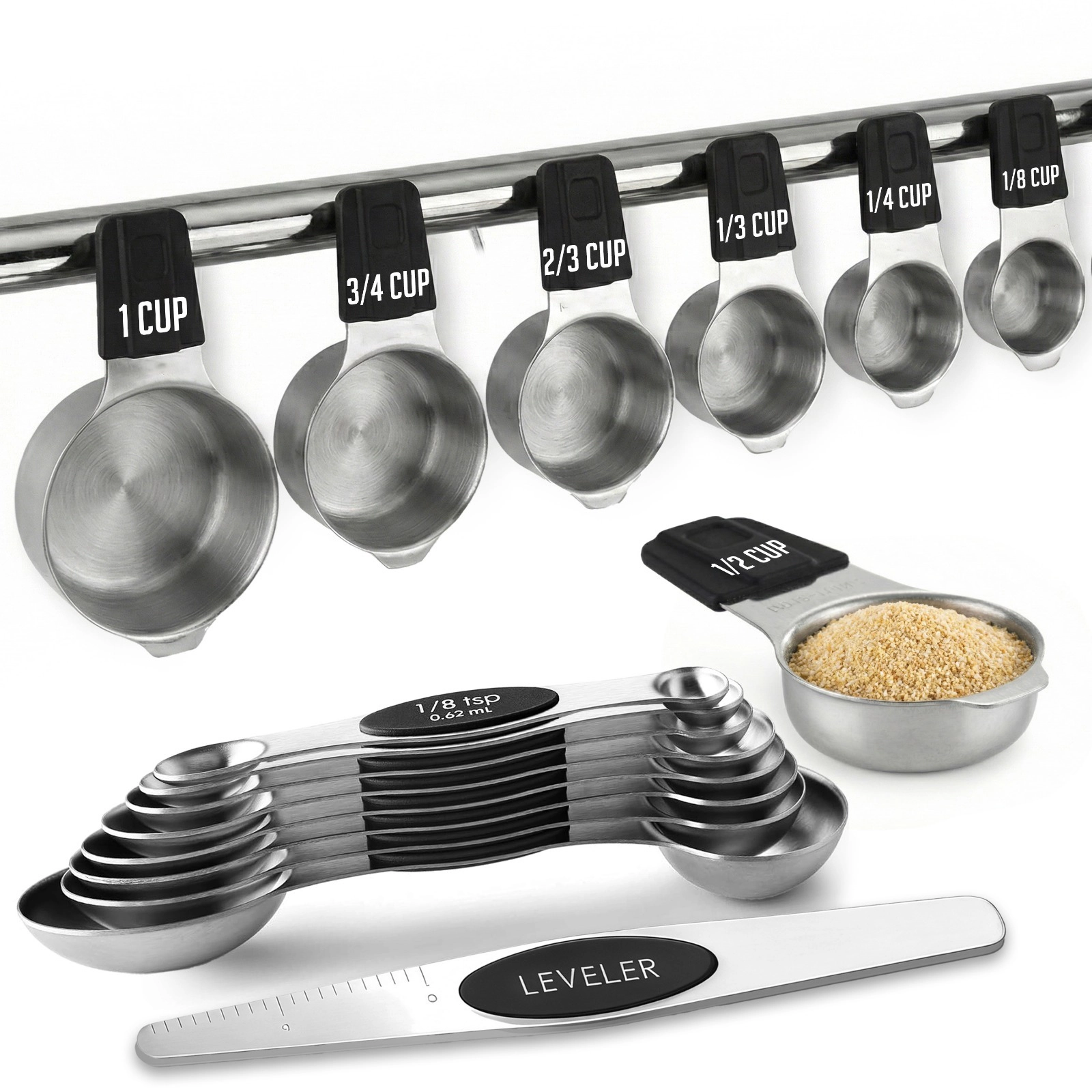 Luminuxe Stainless Steel Measuring Cups and Spoons Set, 16Pc Magnetic Nesting Measuring Cup and Spoon Heavy Duty