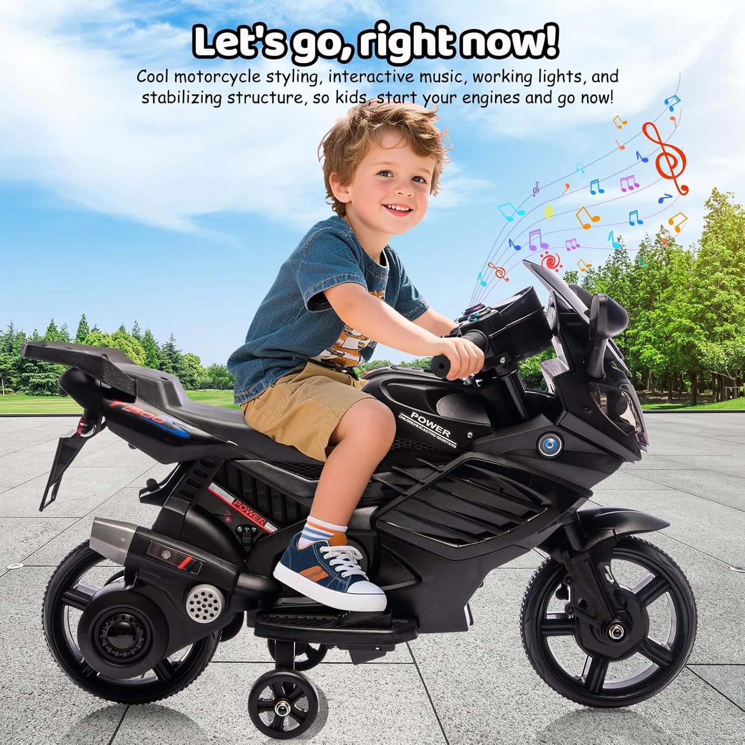 Enjyam 6V Kids Ride On Motorcycle w/Training Wheels, Electric Bike Toy w/Headlight, Horn & Music, Gift for Ages 3-6