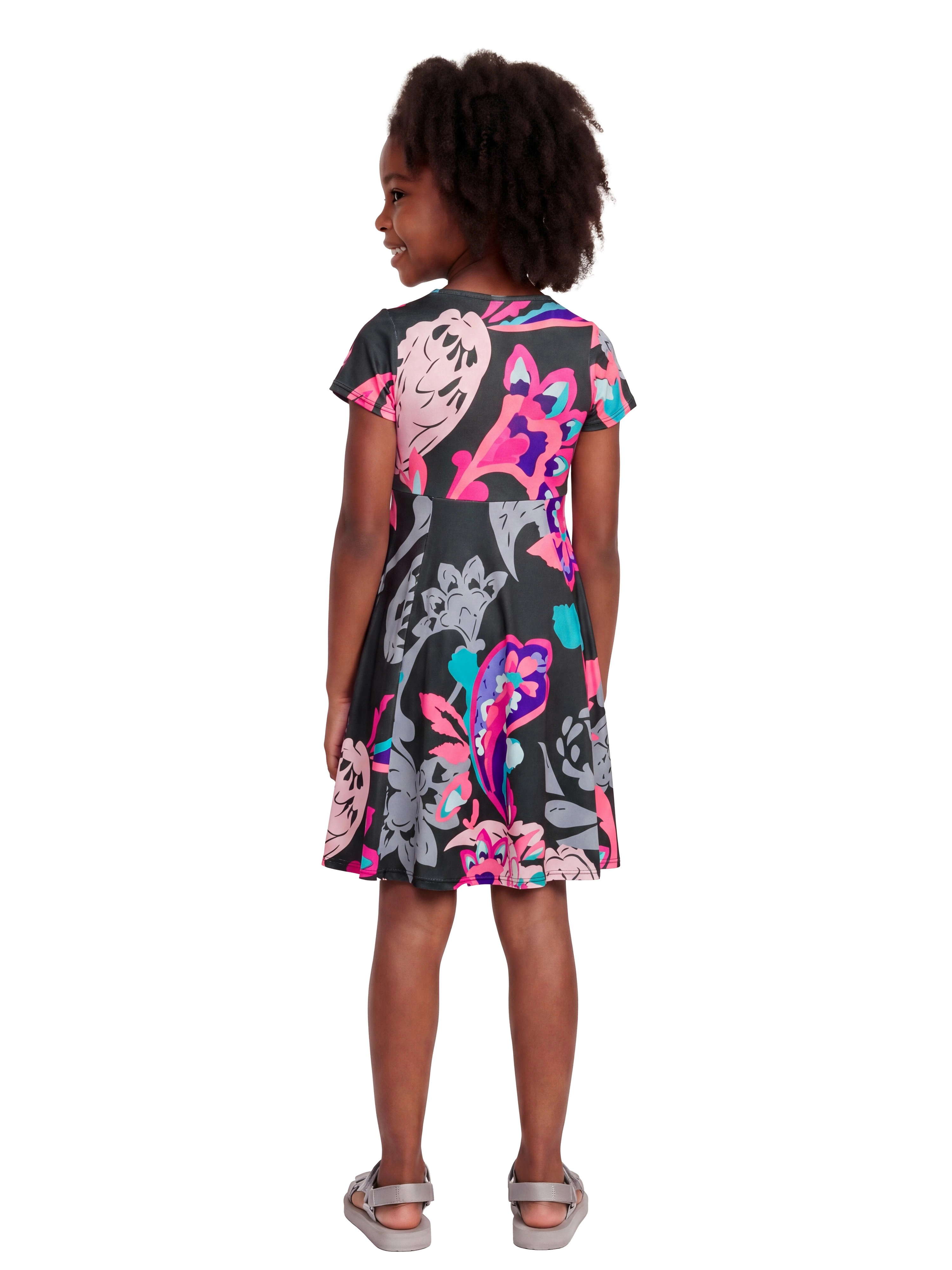 24sevenKid Essential Girls Black and Pink Paisley Fit Flare Knee Length Dress
