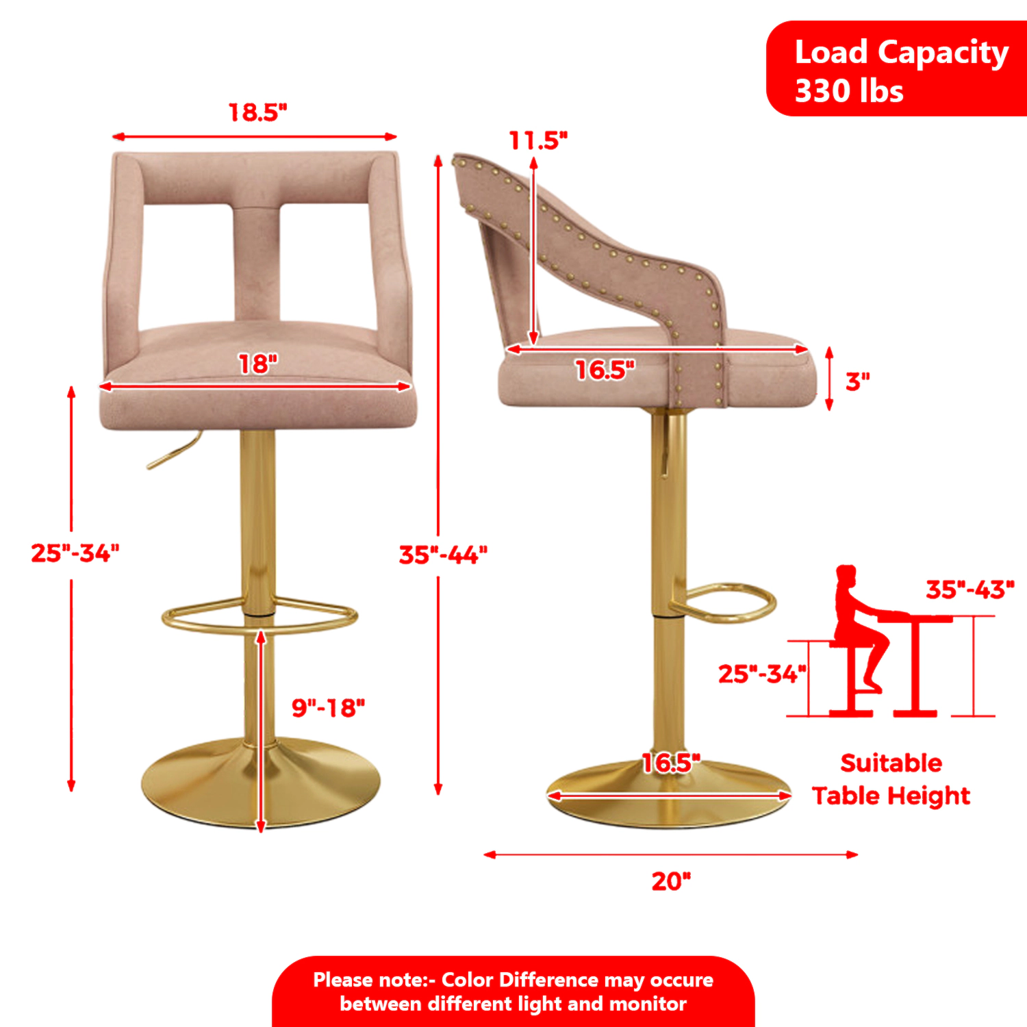 Hivvago Set of 2 Contemporary Bar Stools with Built-In Footrest and Double Electroplated Metal Base