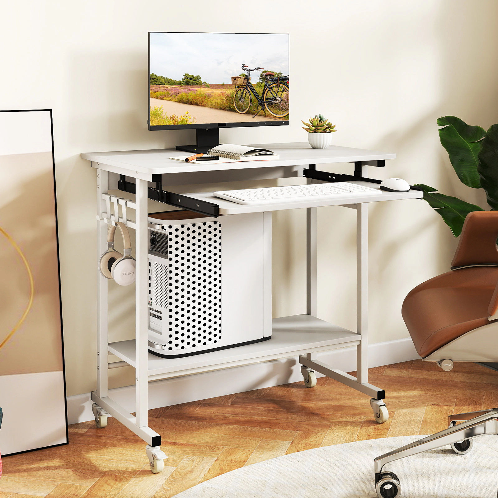 SUGIFT Rolling Laptop Table with Pull-out Keyboard Tray, Hooks and Bottom Shelf 160-lb Tabletop Capacity White