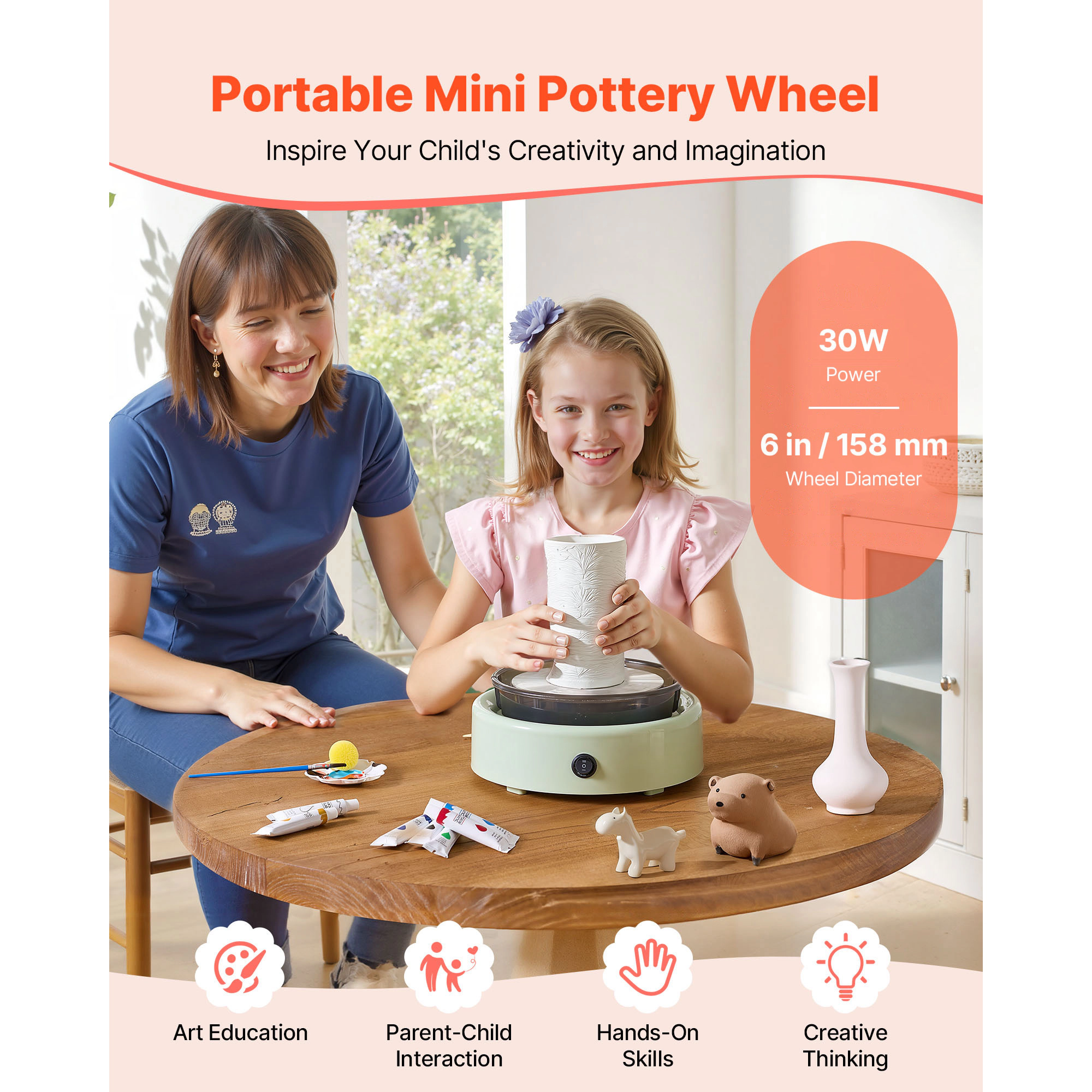 HONGGE Mini Pottery Wheel 6 inch Turntable Forward and Reverse Rotation Adjustable Speed Electric Clay for Kids