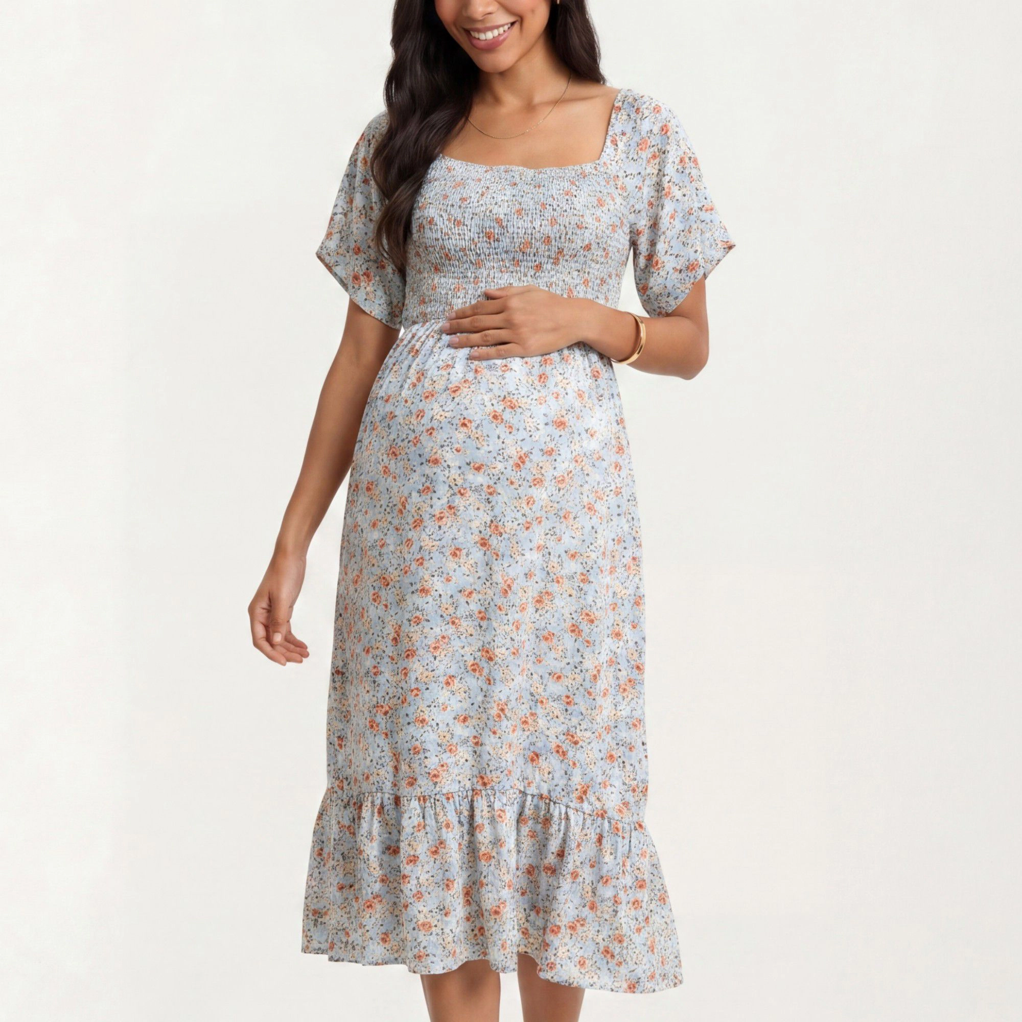 Anna-Kaci Women's Maternity Floral Square Neck Smocked Bodice Flutter Sleeve Midi Dress