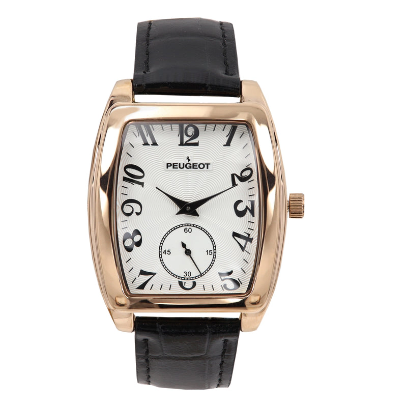 Peugeot Men’s Vintage 49mm x 38mm Rose Gold Tonneau Shaped Watch with Black Leather Band