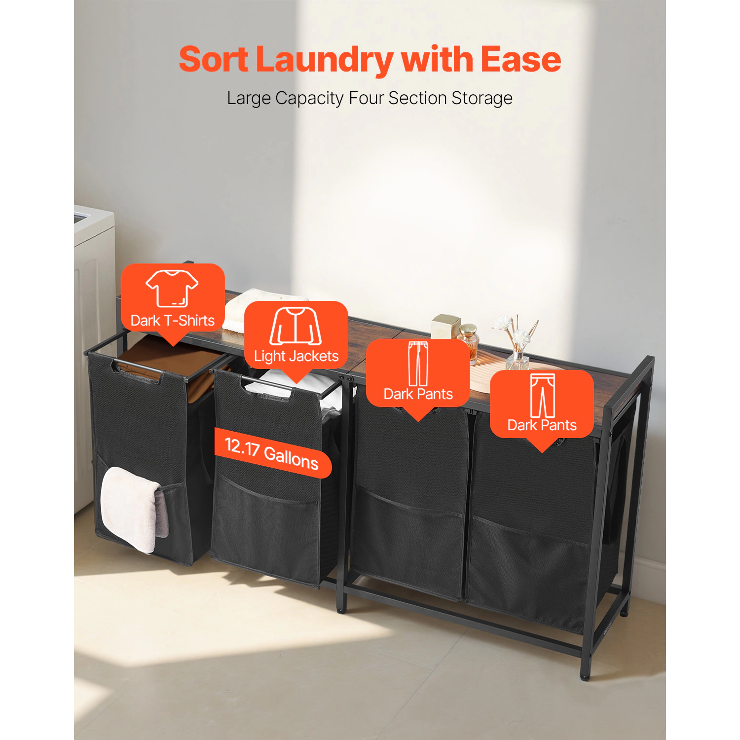 HONGGE 4-Section Laundry Sorter Hamper with Wood Tabletop, Metal Frame & Pull-Out 600D Oxford Fabric Bags