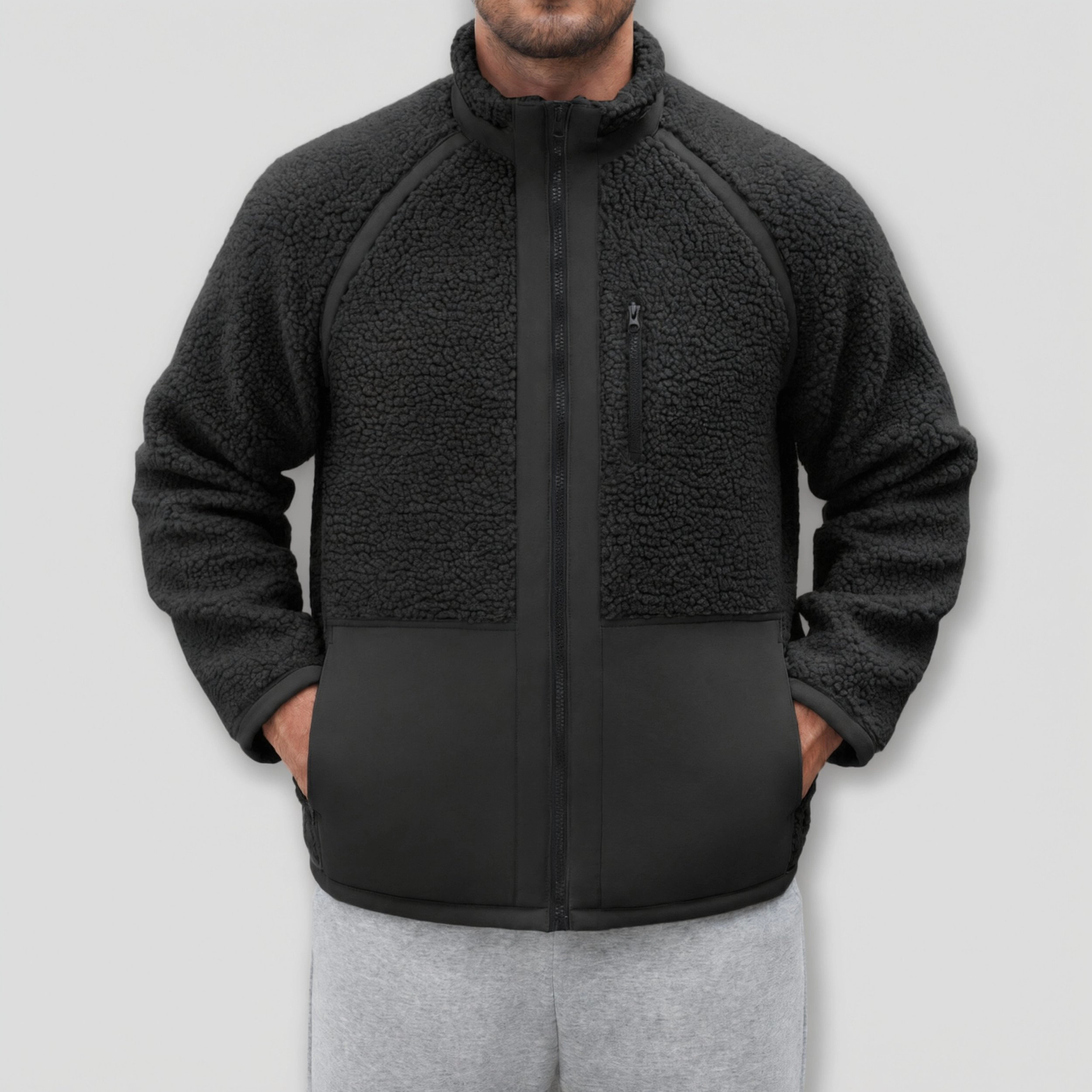 COOFANDY Men's Color Block Sherpa Fleece Full Zip Stand Collar Jacket with Pocket