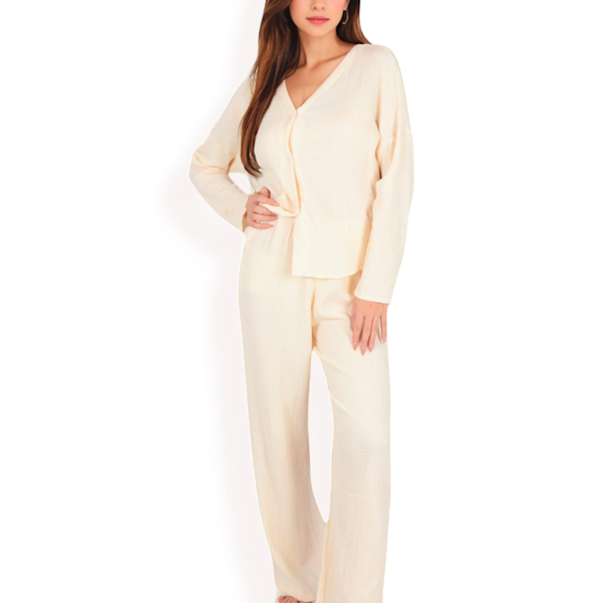Anna-Kaci Women's Solid Color 2-Piece Pajama Set with Long Sleeve V-Neck Top and Relaxed Fit Wide Leg Pants