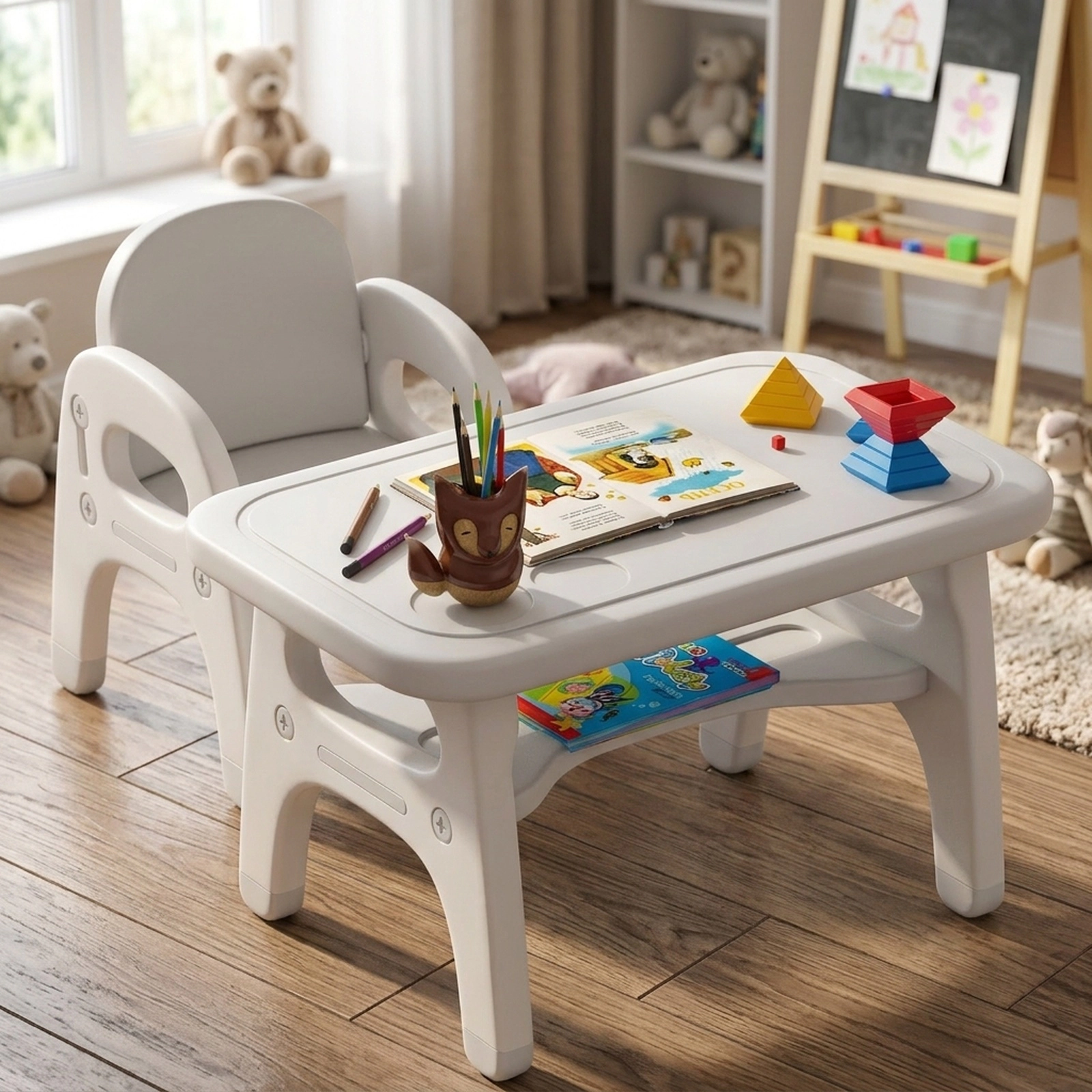 SUGIFT Kids Dinosaur Activity Table and Chair Set with Building Blocks, Gray