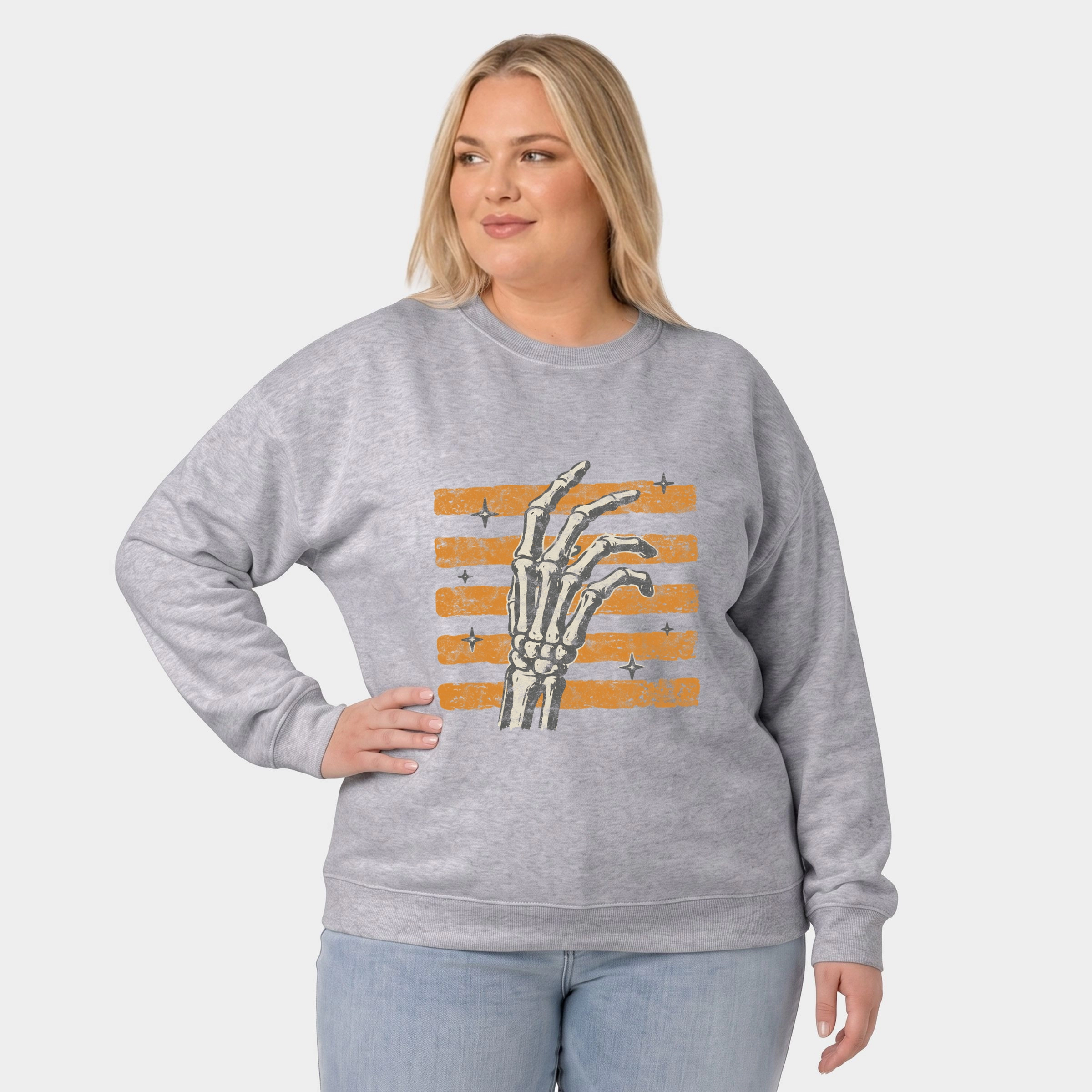Simply Sage Market - Women's Plus Sized Graphic Sweatshirt Skeleton Hand Orange Stripes