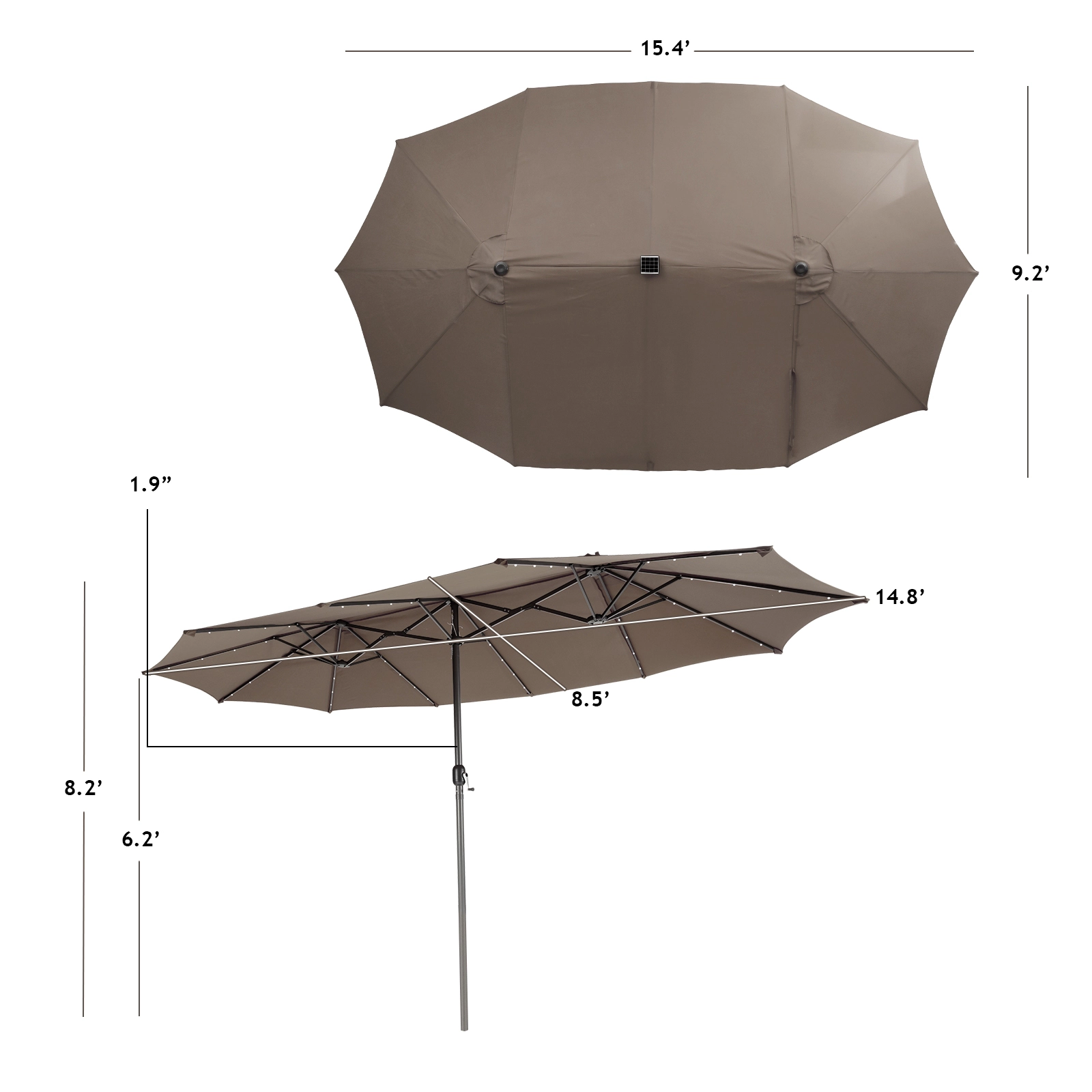 SUGIFT Light Brown 15 ft Twin Patio Umbrella with 48 Solar LED Lights and Steel Pole