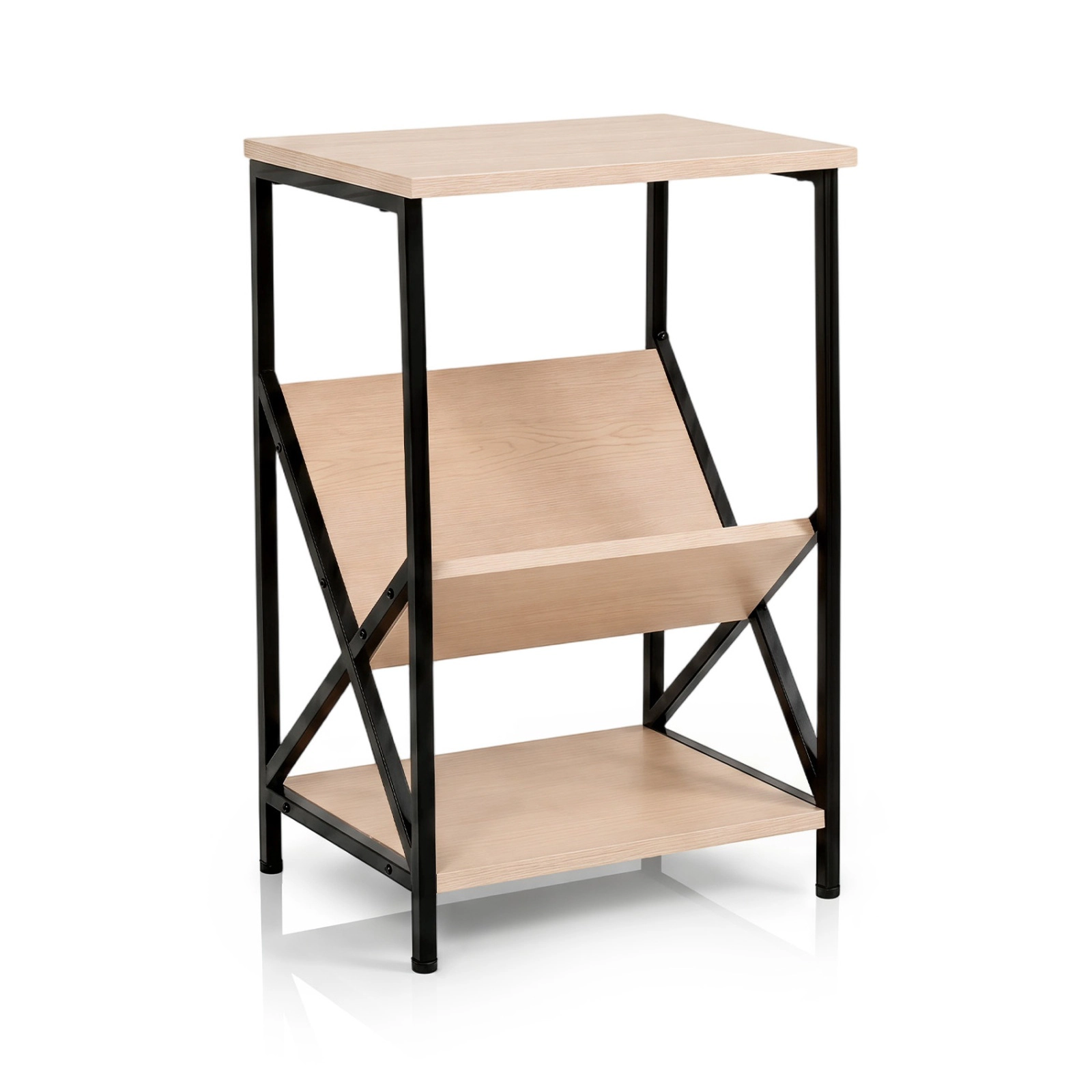 SUGIFT 3-Tier Industrial Side Table with V-shaped Bookshelf 110-Lb Top Capacity Rustic Brown Natural