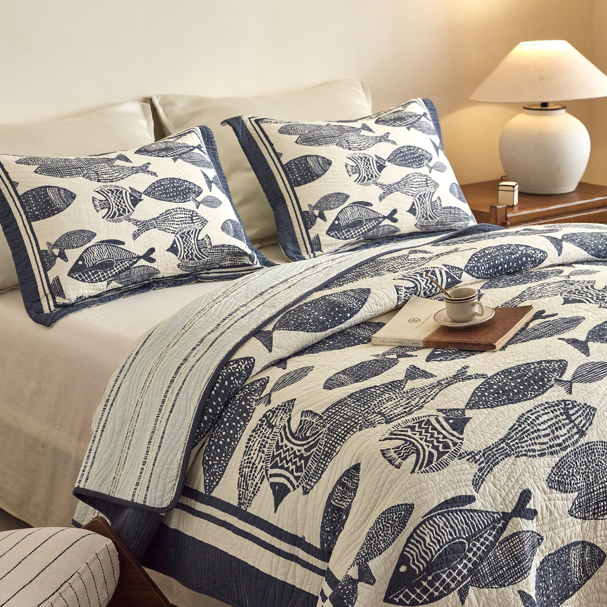 MarCielo 3 Pieces 100% Cotton Nautical Fish Print Quilt Set – Coastal Bedspread Set