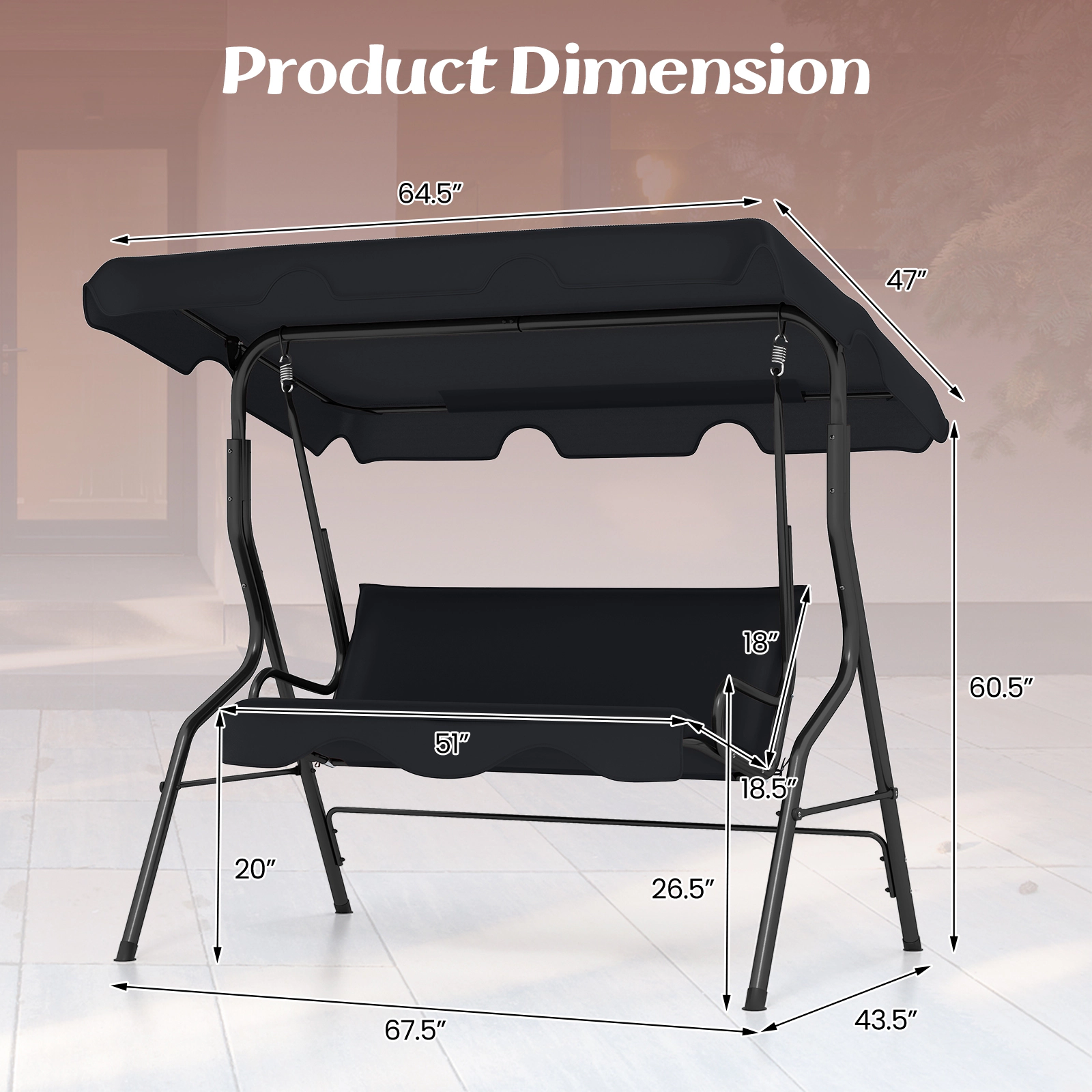 SUGIFT 3-Seat Outdoor Patio Canopy Swing with Cushion 500-lb Capacity Black