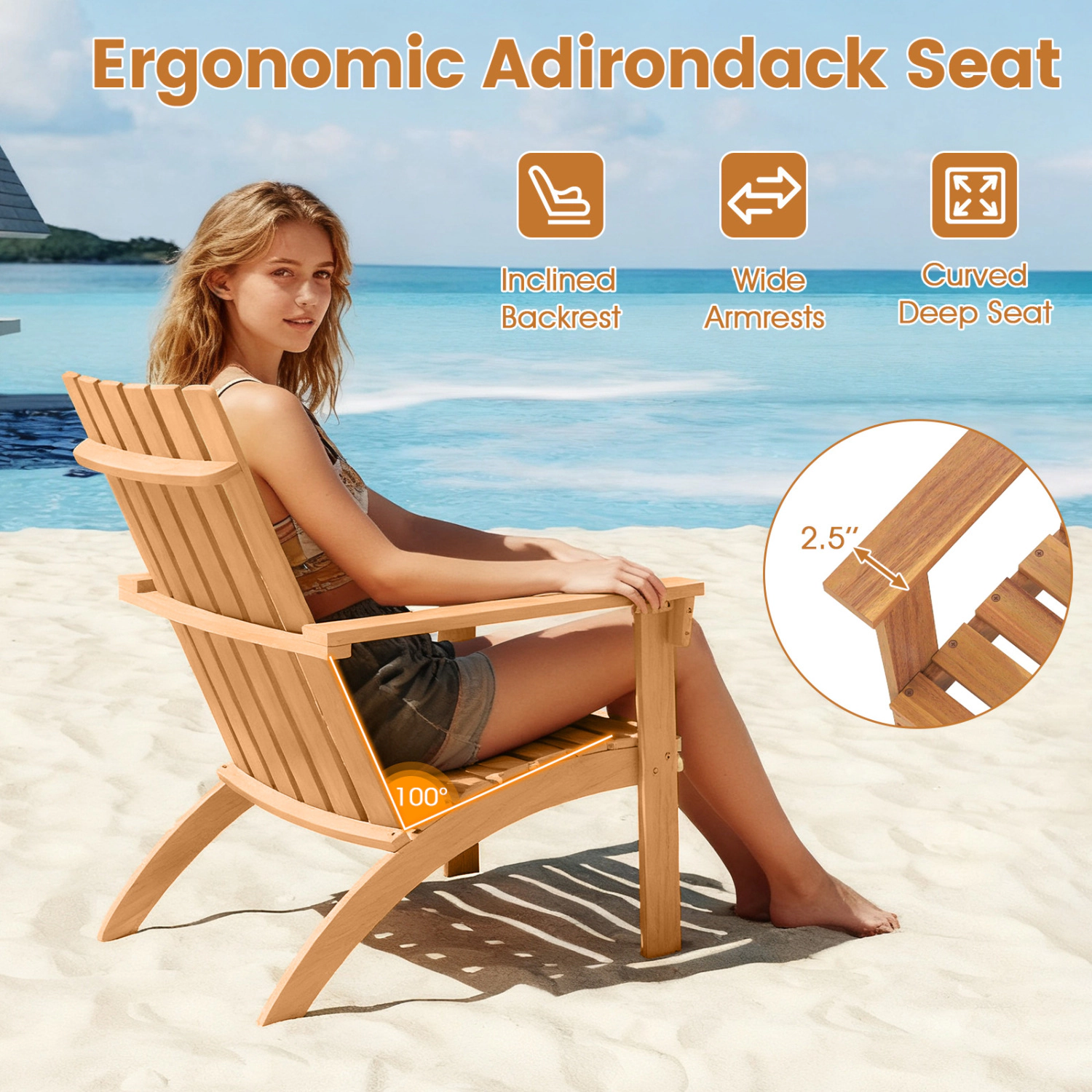 LJG Outdoor Durable Patio Acacia Wood Adirondack Lounge Armchair