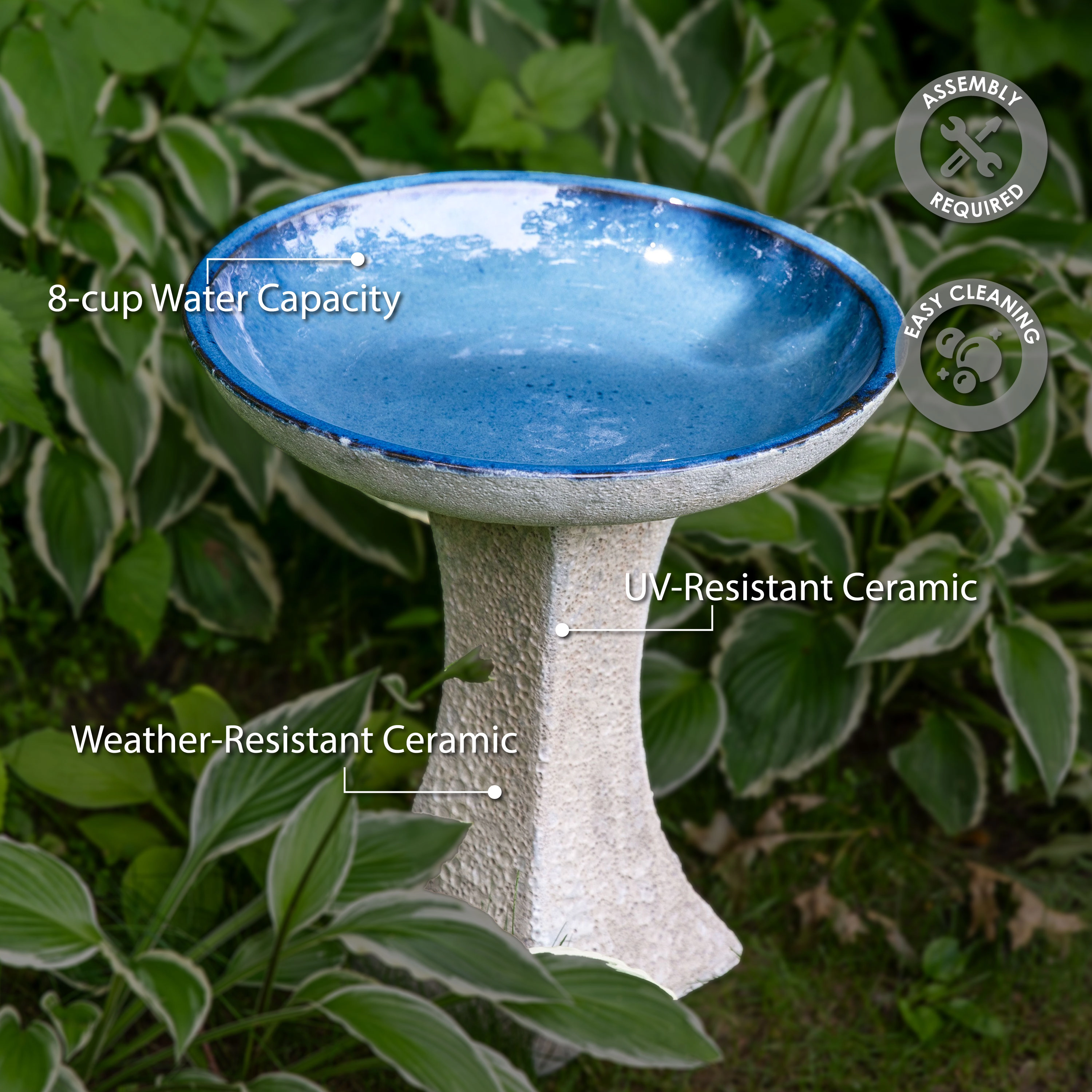 Sunnydaze Ceramic Bird Bath Bowl,16” H, Blue Glaze Basin, White Lava Finish