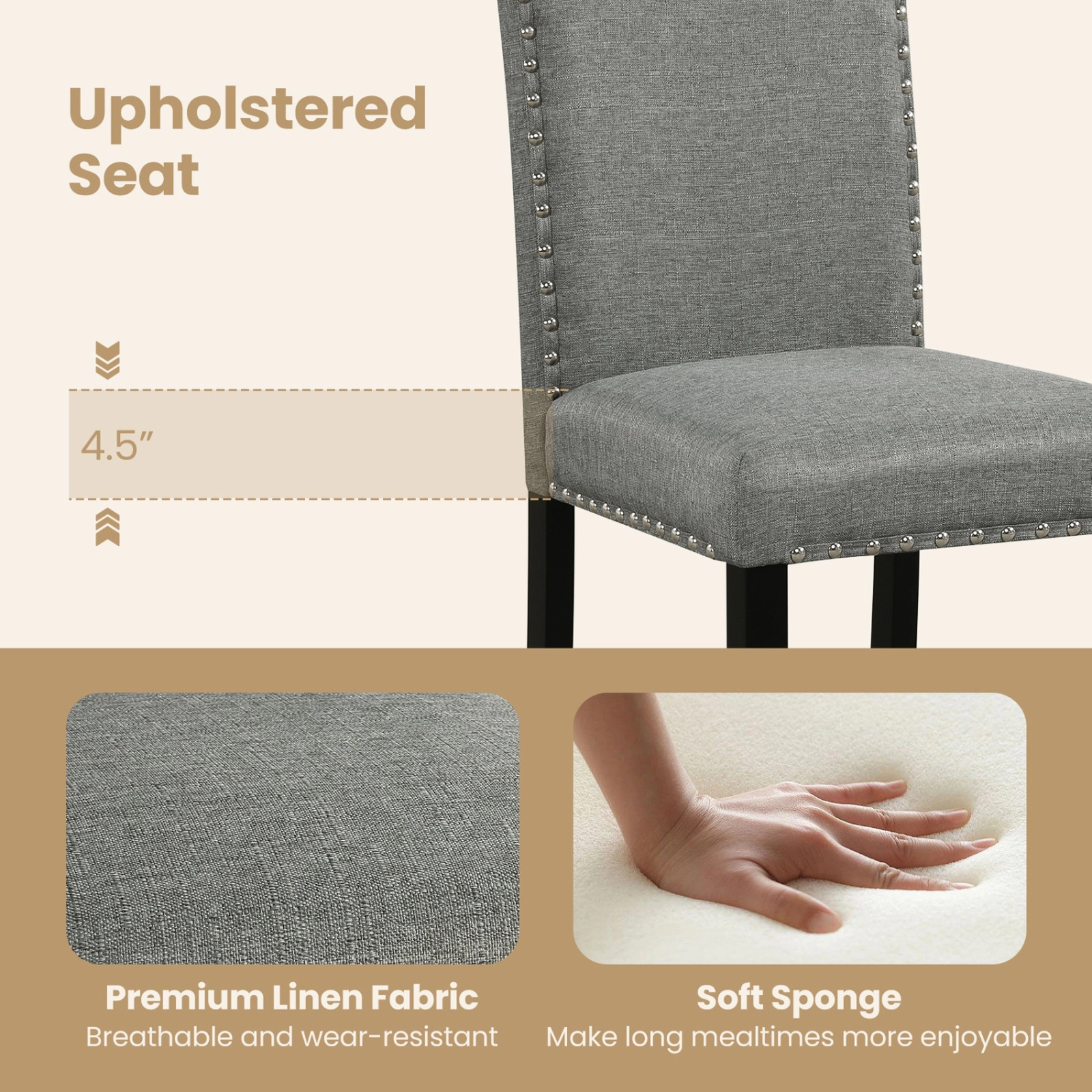 SUGIFT Upholstered Wooden Dining Chairs Set of 2 with Bent Wood Legs 400-lb Capacity 20-in Seat Height Gray