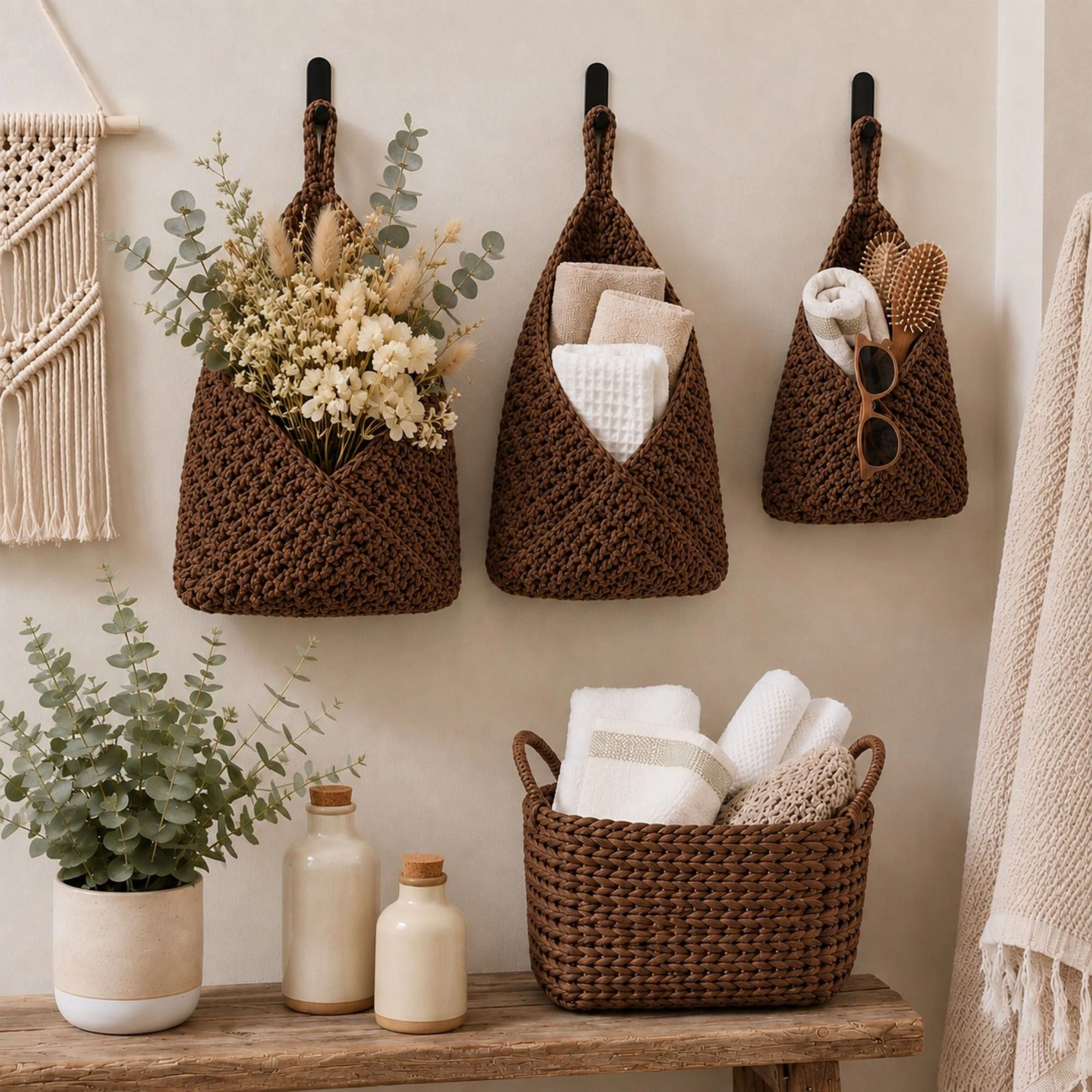 Alilang Unisex Woven Cotton Rope Hanging Basket Set Wall Storage Organizer with Hooks