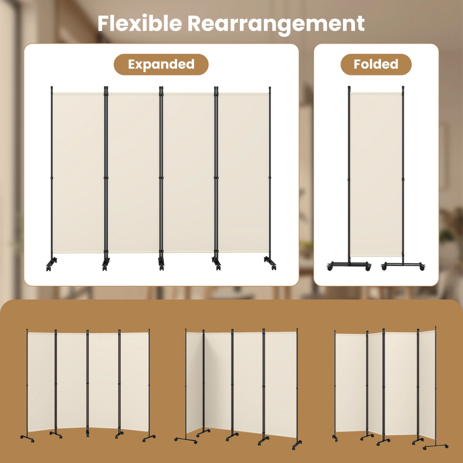 SUGIFT 4-Panel 10 Lockable Wheels Folding Room Divider 87-in x 14-in x 68-in 20.5-in Folded 17.5-lb Beige