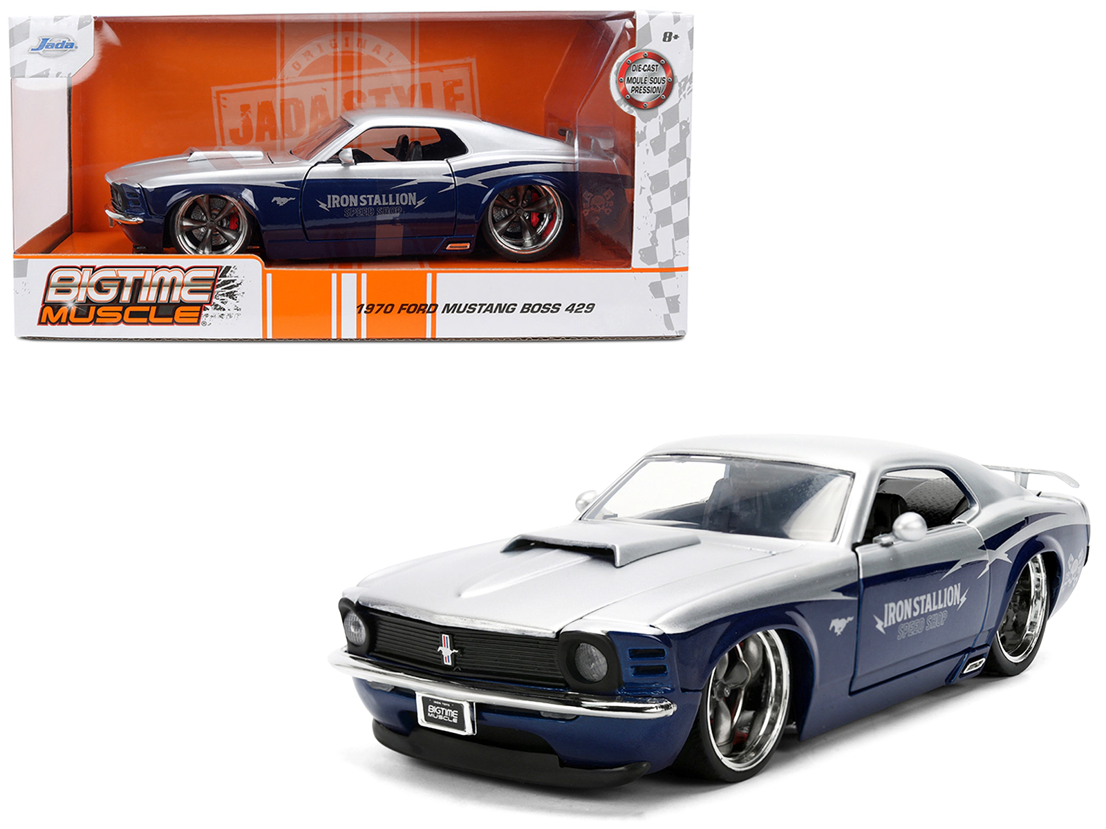 Jada 1970 Ford Mustang Boss 429 "Iron Stallion Speed Shop" Silver and Dark Blue Metallic "Bigtime Muscle"