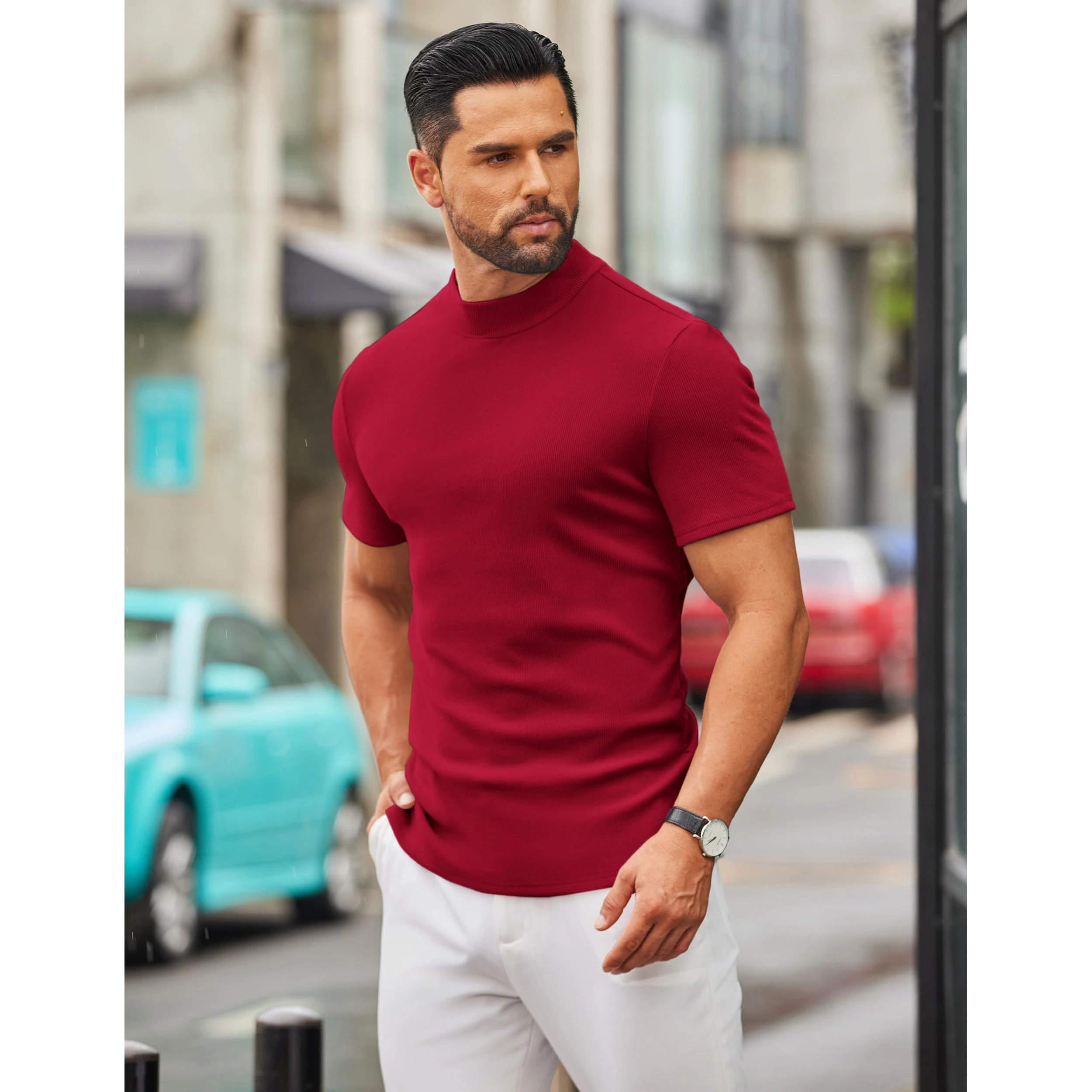 COOFANDY Men's Slim Fit Short Sleeve Mock Neck T-Shirt