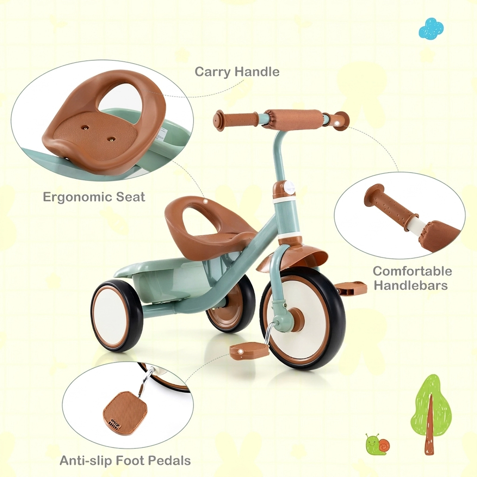 Toddler Tricycle Ages 3-5 Adjustable Seat Rear Storage Basket Anti-Slip Pedals 70-Degree Steering Limit 55-lb Capacity